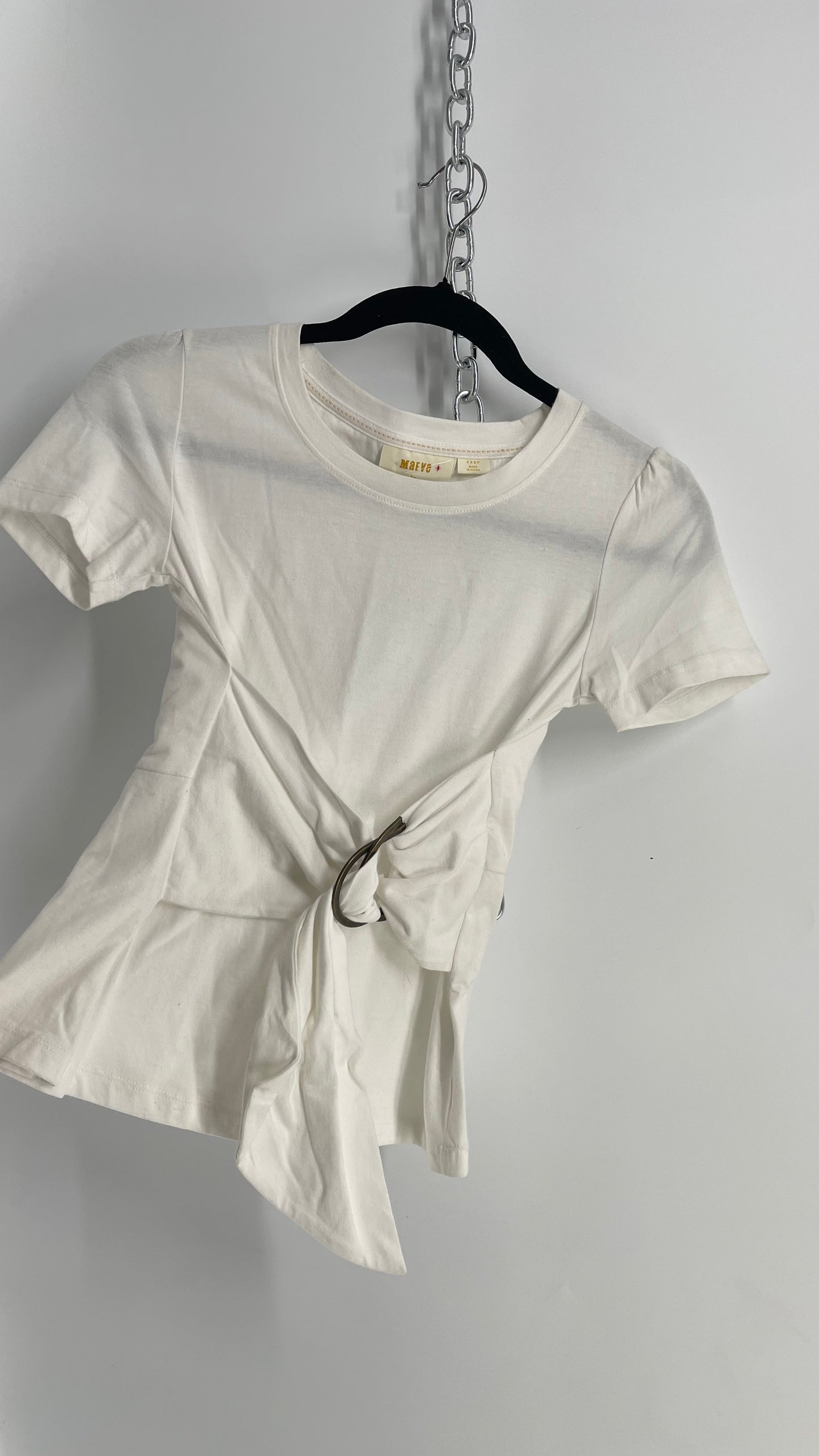 Maeve By Anthropologie Short Sleeve T Shirt, 100% Cotton with Metal Buckle and Fabric Sash Across Waist Size (XXS)