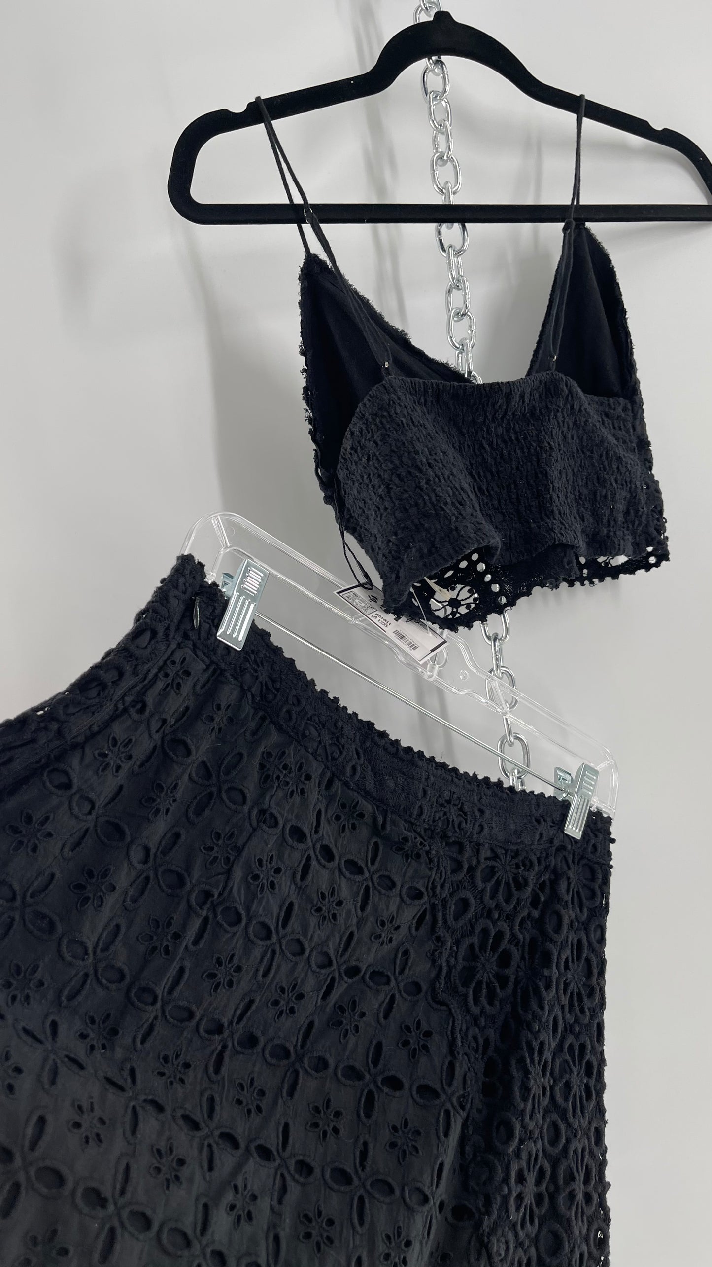 Free People Black Eyelet Lace Mini Skirt and Bustier Set (6)