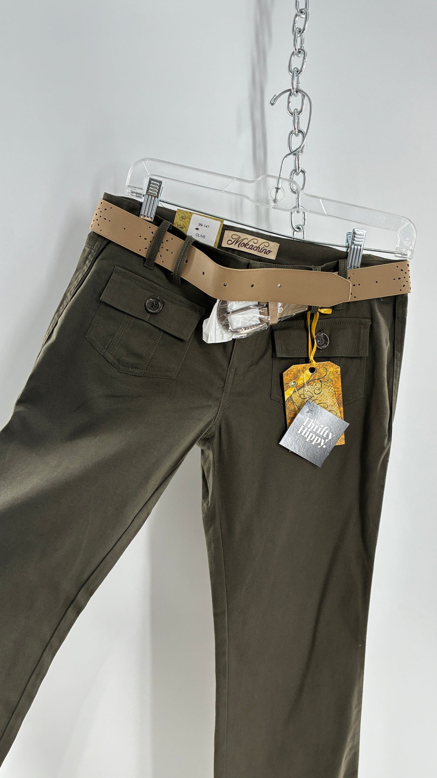 Deadstock Vintage MOKACHINO Olive Green Low Rise Kickflares with Hip/Bum Pockets and Built in Belt (7)