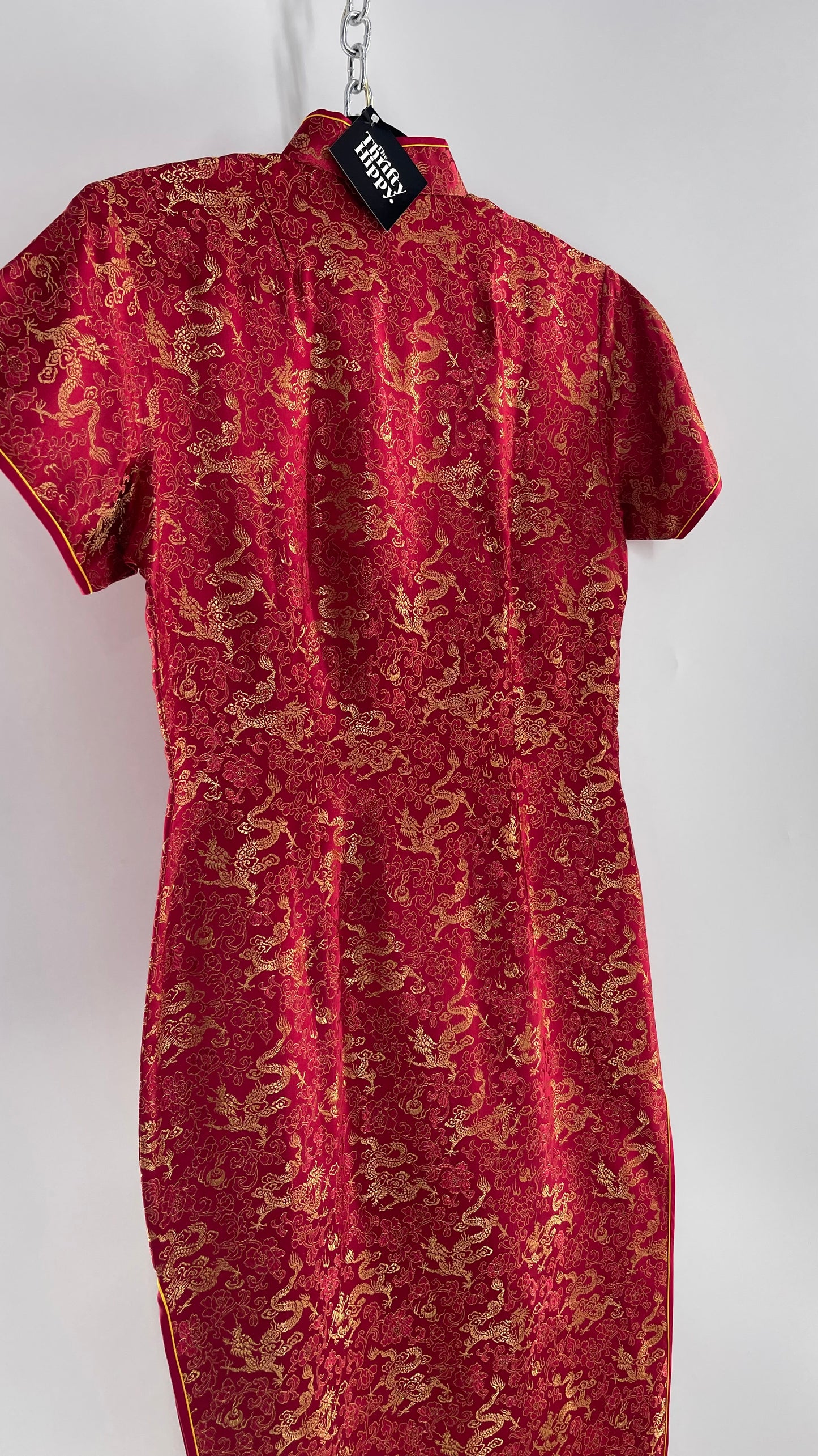Vintage 1980s Chinese Red Silk Dragon Motif Printed/Embroidered Qipao (XL)