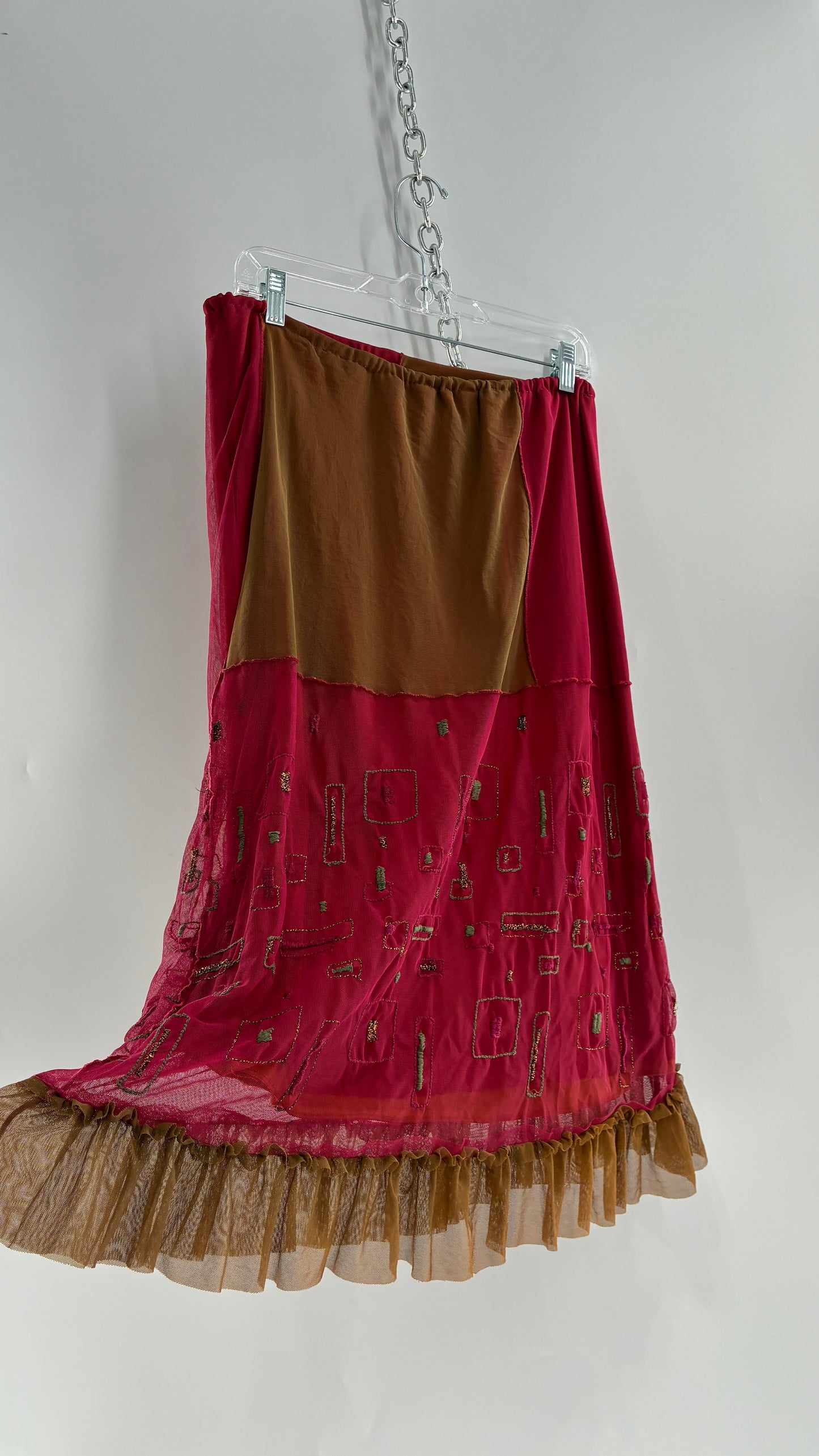 Vintage LILLI ROSE Fuchsia Exposed Stitch Midi Skirt with Embroidered Details (S/M)