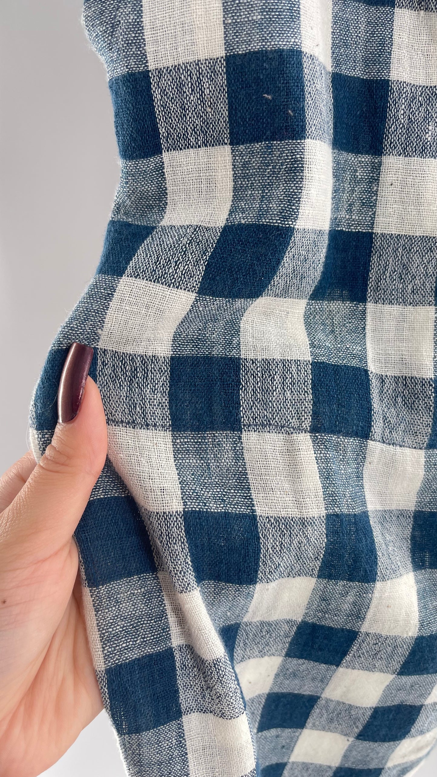 FAIRCLOTH Gingham Checkered White and Blue Linen/Cotton Cropped Drop Crotch (Small)