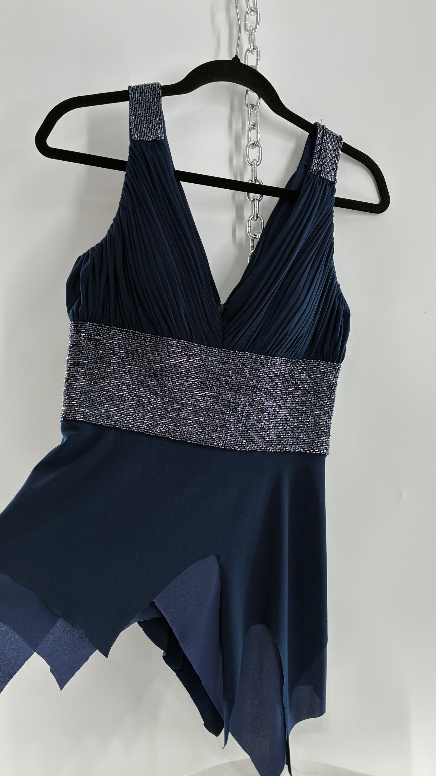 Vintage JS Boutique 1990s Navy Blue Chopped Handkerchief Hem, Beaded Underbust Panel and Pleated Bust (6)