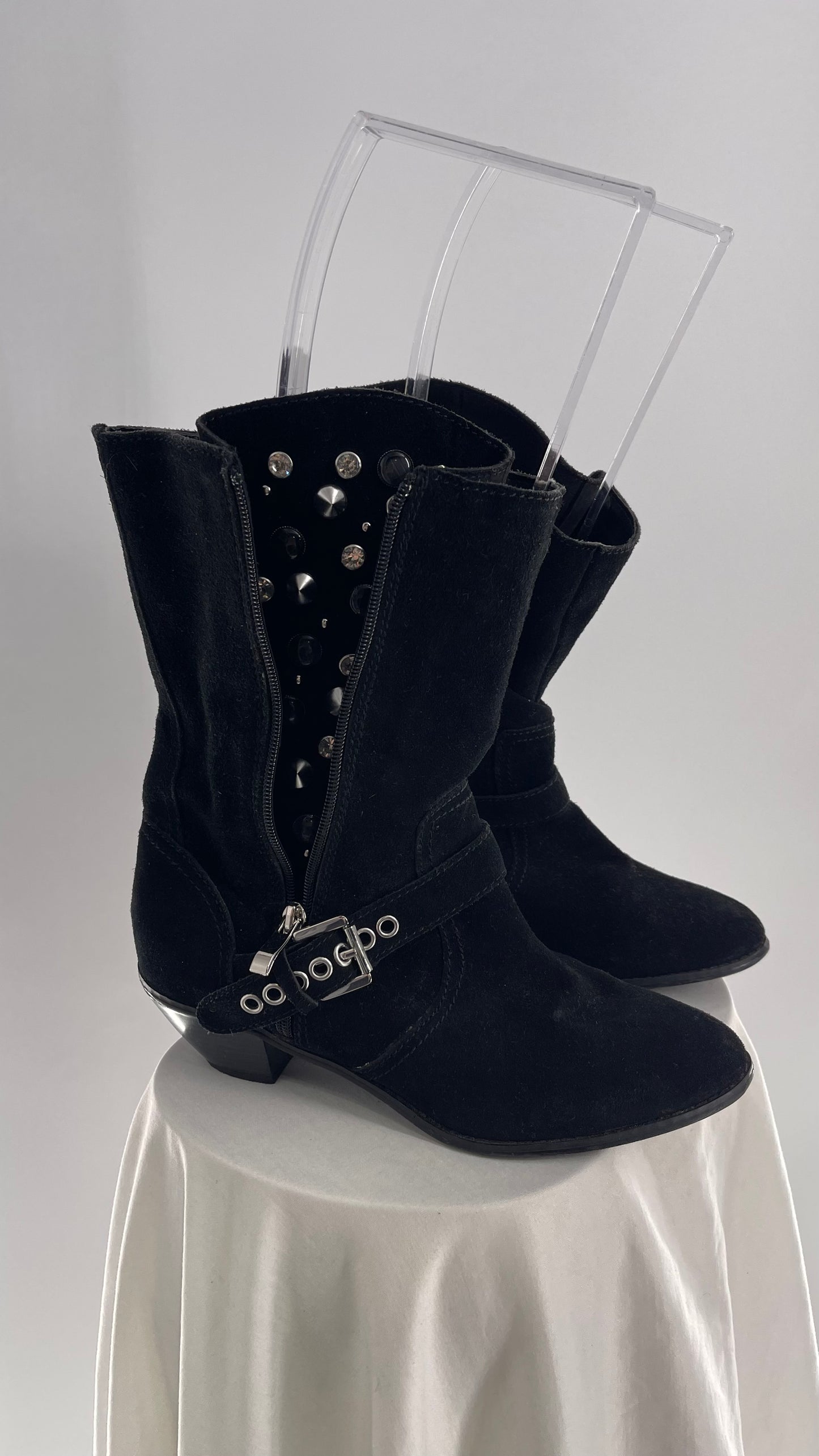 Vintage Black Suede Cowboy Boots with Buckle and Zip Up, Rhinestone Studded Details (8.5)