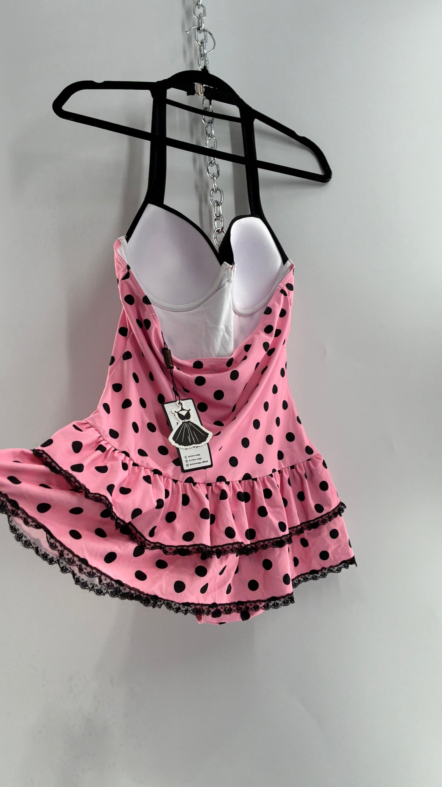 Vintage Retro Style Pink Polka Dotted Swim Dress with Ruffled Skirt and Underwire Bust (XL)