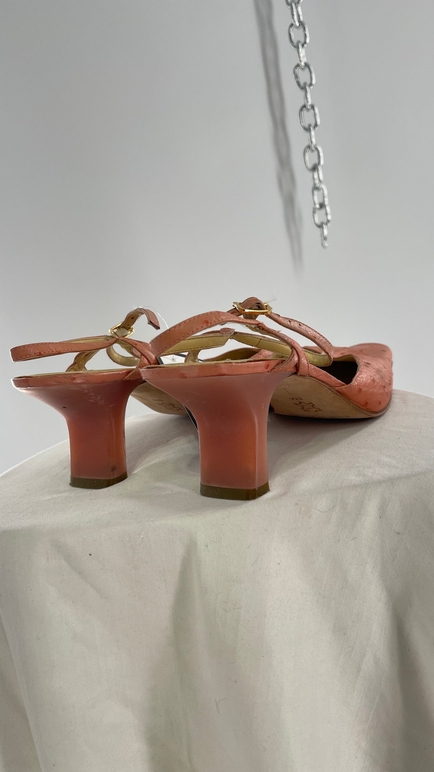Vintage 1990s Ann Marino Pink Peach Genuine Leather Sling Back Pointed Square Toe Kitten Heel (8)