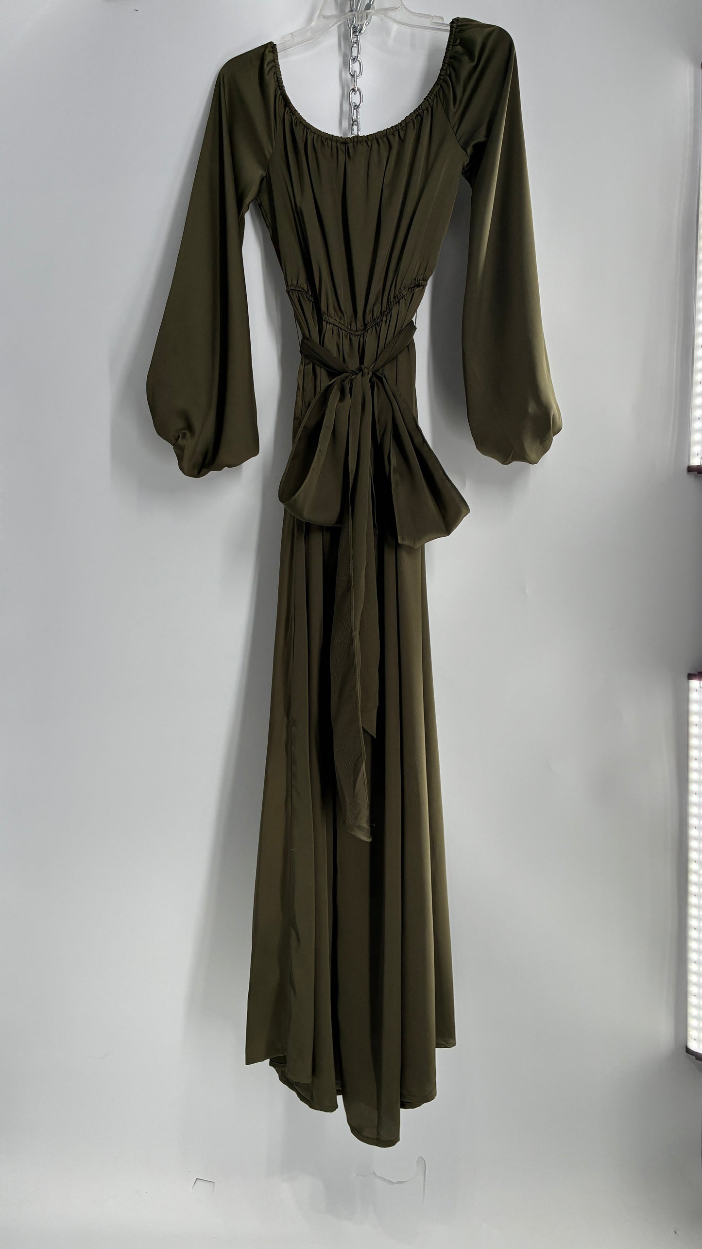 Dress Day Army Green Silky Balloon Sleeve Full Length Gown with Slit and Tags Attached (Medium)
