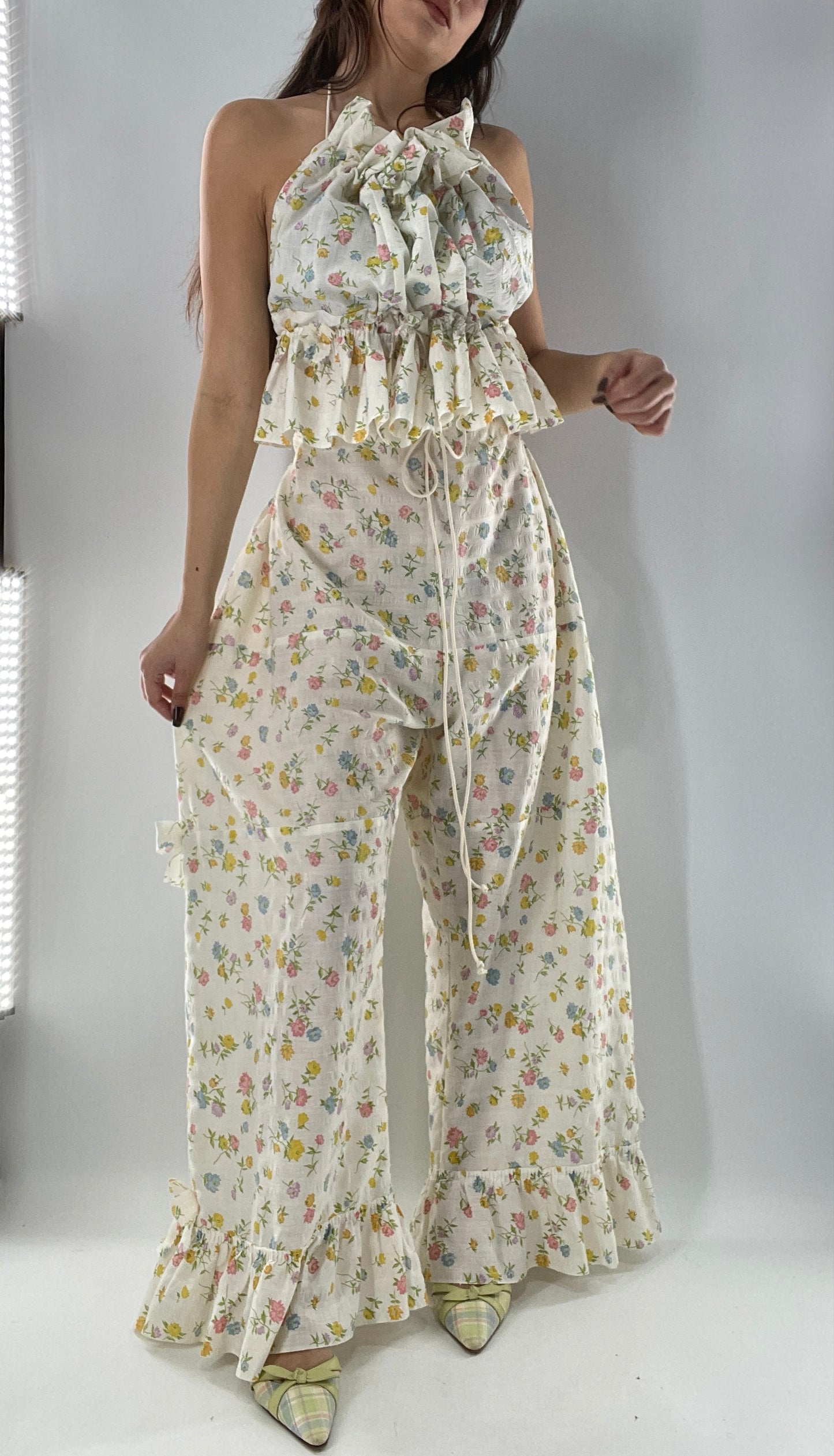 Vintage 2 Piece Floral Babydoll Set with Adjustable Top and Adjustable Pants Featuring Bow Sides and Ruffles Bum (One Size)