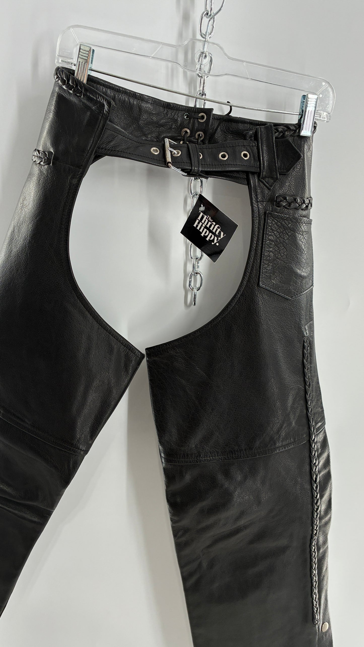 Vintage AMERICAN LEATHER Black Motorcycle Chaps/Pants with Mini Pocket, and Side Zipper Detailing (XS)