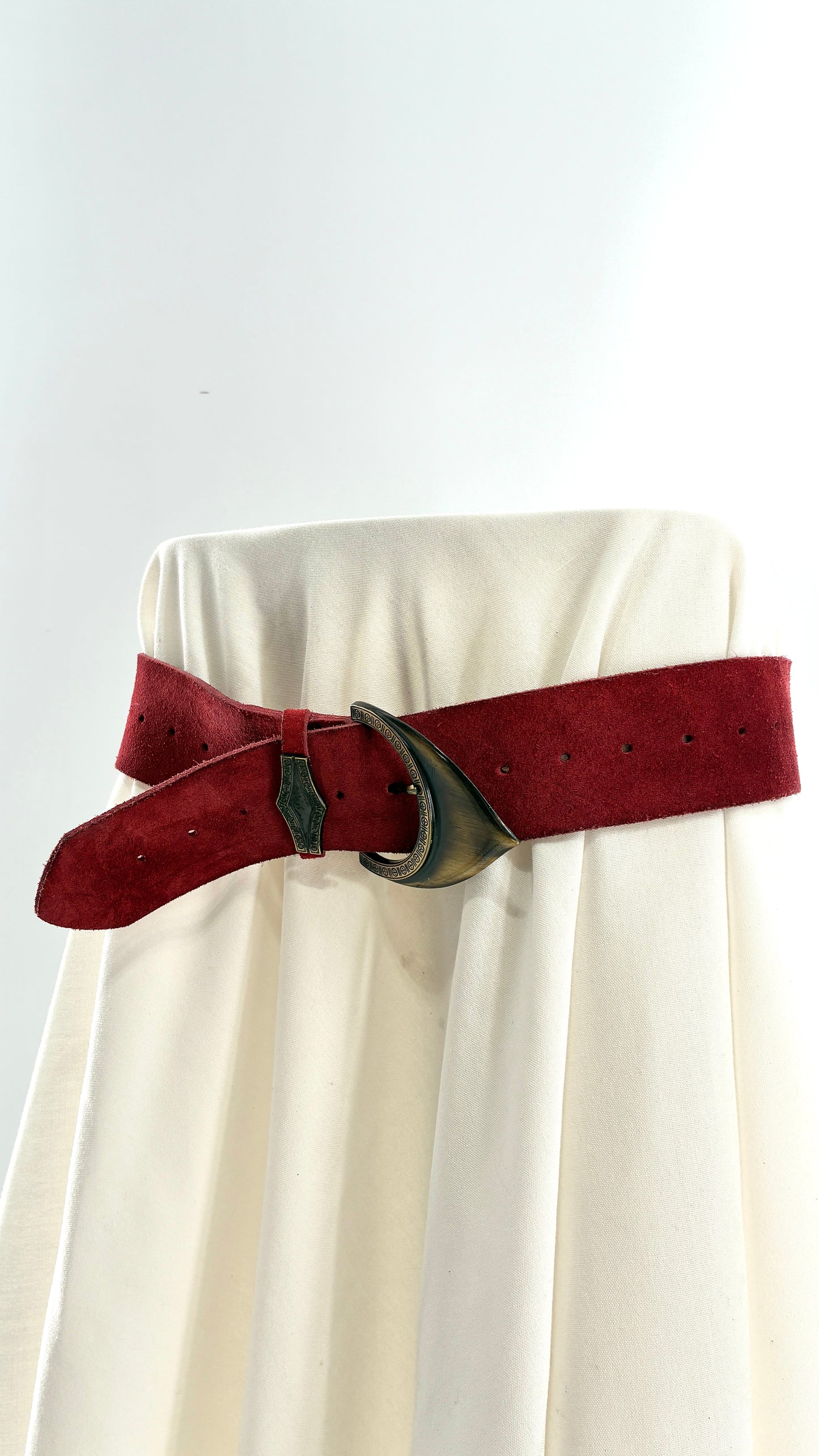 Genuine Suede Leather Maroon Red Belt w Oversized Engraved Buckle