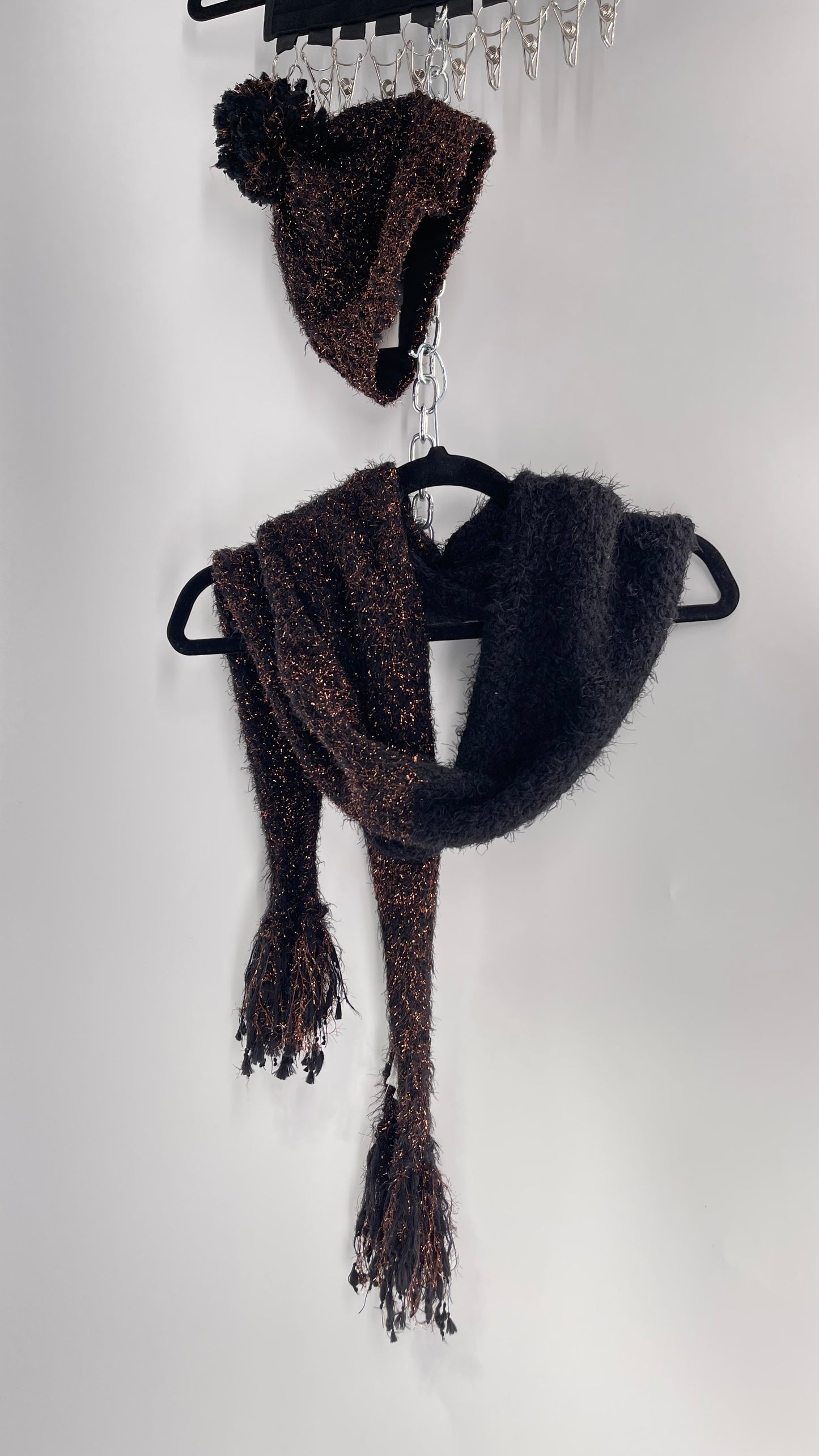 Anthropologie Bronze Tinsel Black Knit Beanie and Skinny Pom Scarf 2pc Set with Tags Attached
