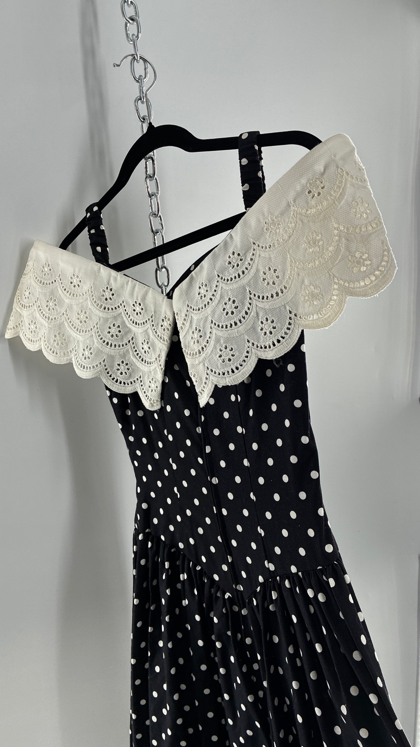 Vintage Handmade Black and White Polka Dot Pointed Waistline Gown with Off the Shoulder Stiff Lace Straps and Rosette Detail (8)