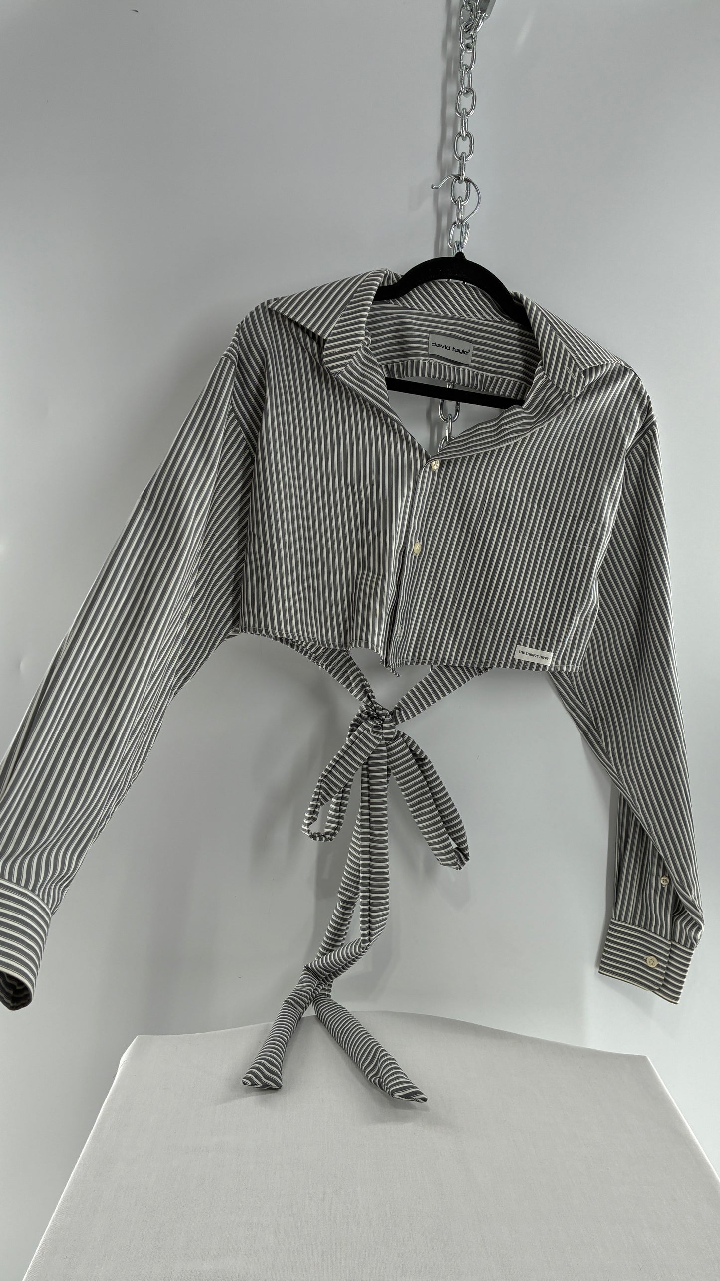 Vintage DAVID TAYLOR Reworked Button Front Backless Grey Striped Blouse (One Size)