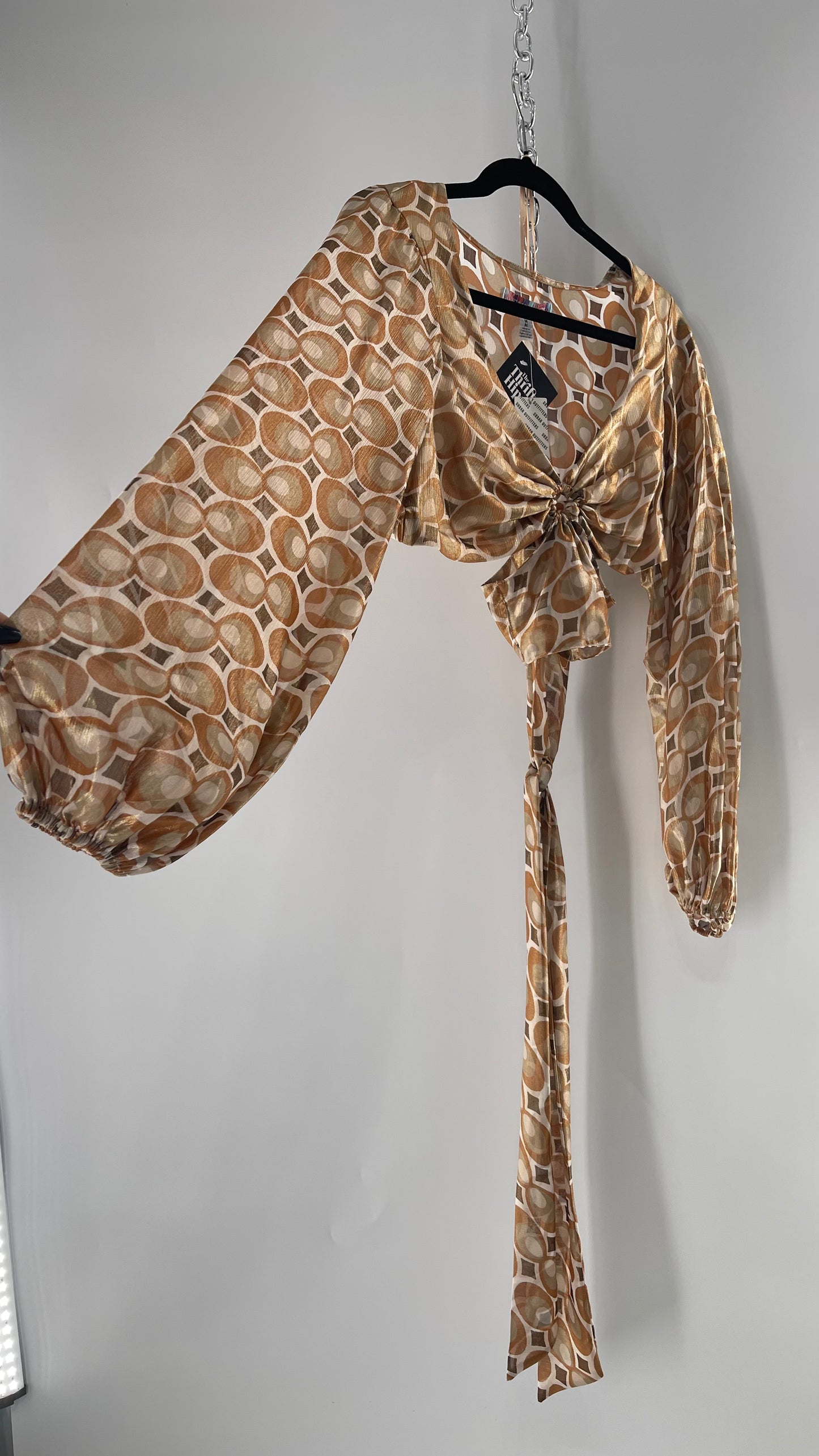 Urban Outfitters Shimmer Top Balloon Sleeve Gold Retro Print Cut Out Tie Around Blouse (Medium)
