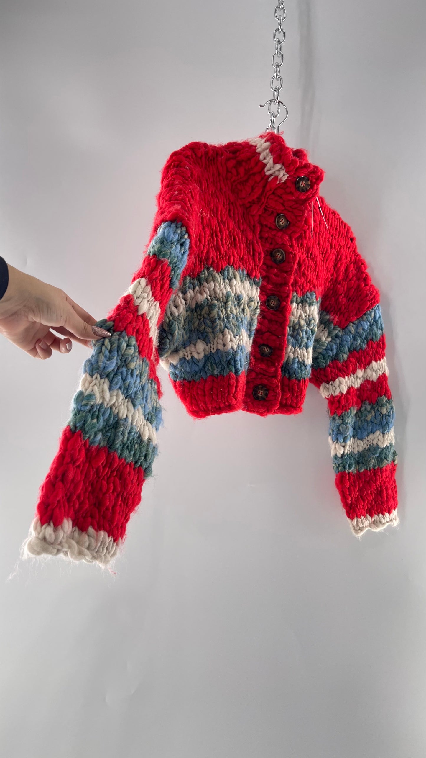 BDG Urban Outfitters Thick Knit Red White Blue Chunky Cropped Striped Cardigan (XS)