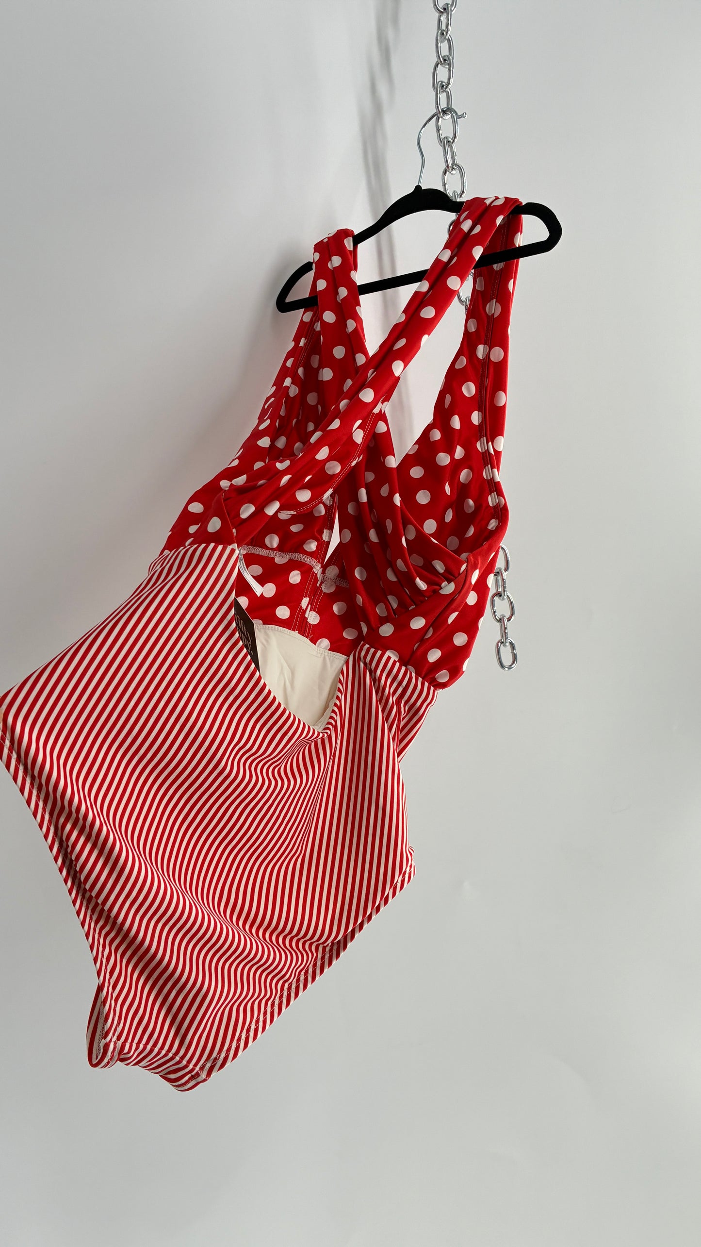 ALLIHOP Anthropologie Red and White Retro Thick Striped and Polka Dotted Bikini with Open Criss Cross Back (Small)