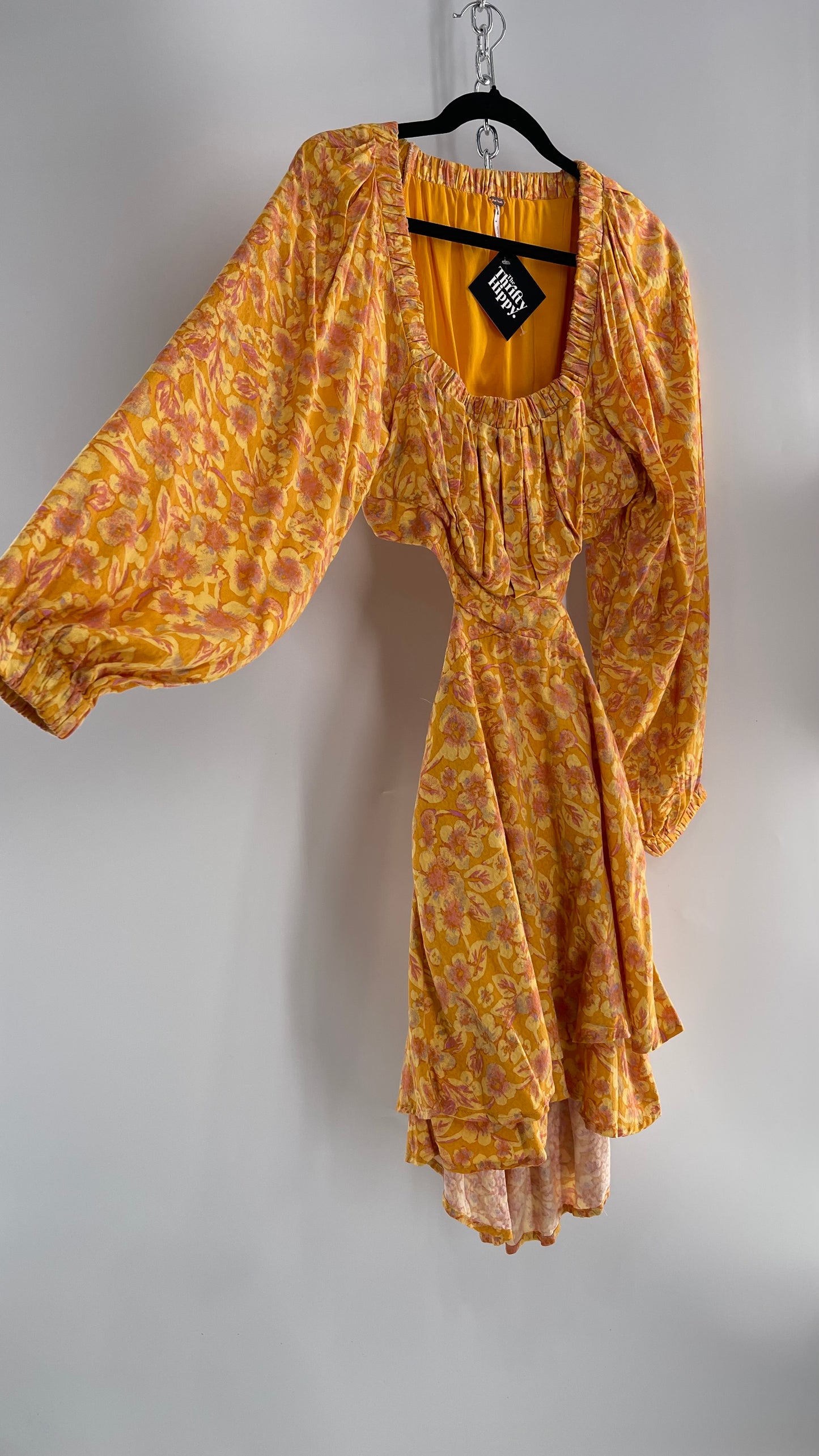 Free People Yellow Cut Out Golden Florals Dress with Ruched Bust and Balloon Sleeves (XS)