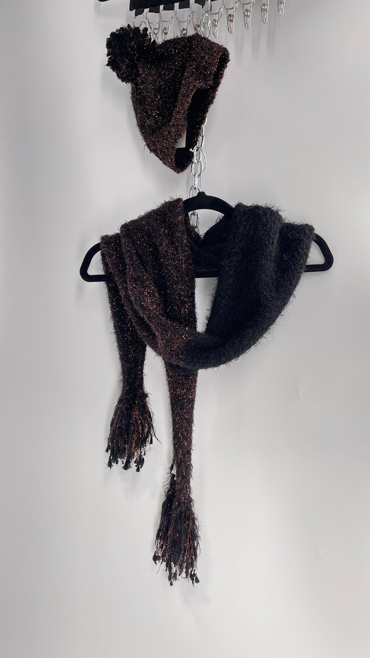 Anthropologie Bronze Tinsel Black Knit Beanie and Skinny Pom Scarf 2pc Set with Tags Attached