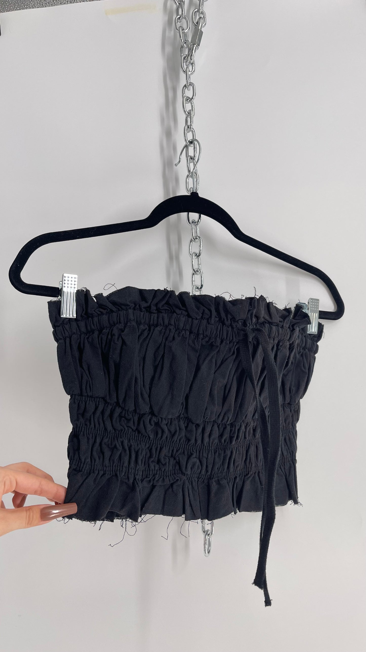 Free People Black Cotton Ruched Tank with Bow Bustline and Tags Attached (XS)