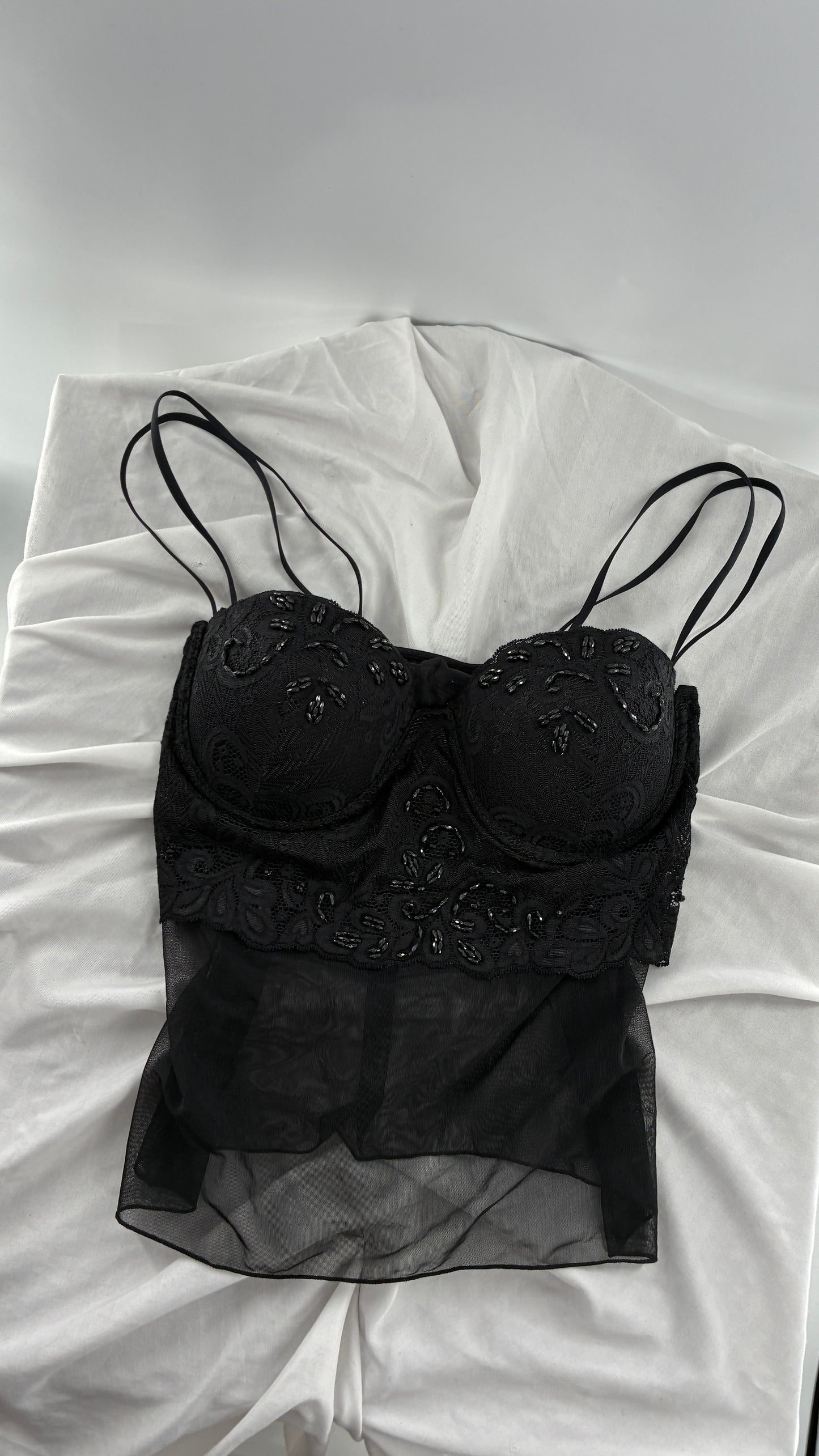 Vintage LA FRESCA Black Lace Bustier Babydoll with Mesh Bodice and Beaded Cups/Band (Large)