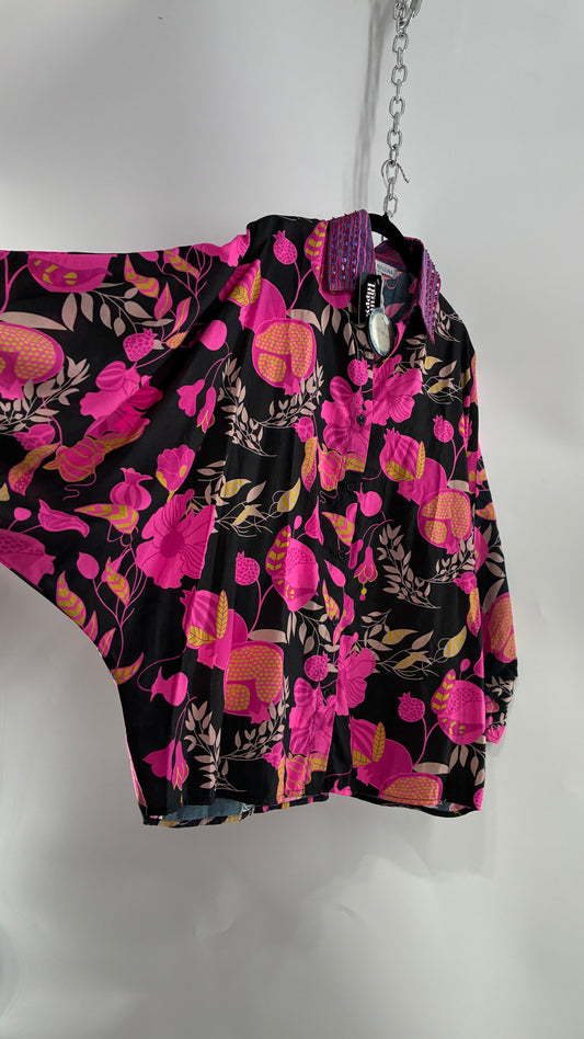 JUST BELLINA Black Oversized Blouse with Exaggerated Sleeves, Embroidered Collar and Tags Attached (XS)