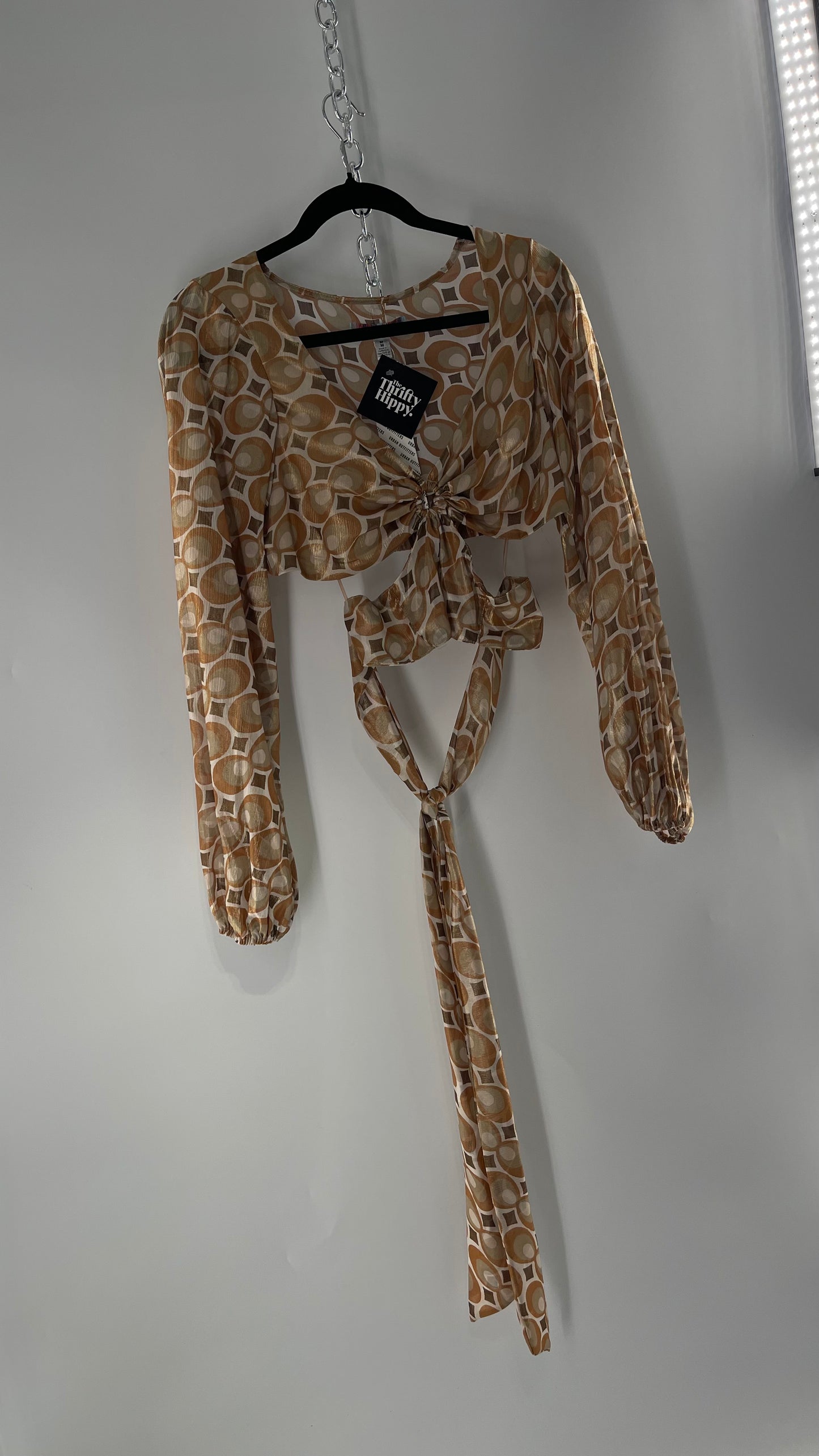 Urban Outfitters Shimmer Top Balloon Sleeve Gold Retro Print Cut Out Tie Around Blouse (Medium)