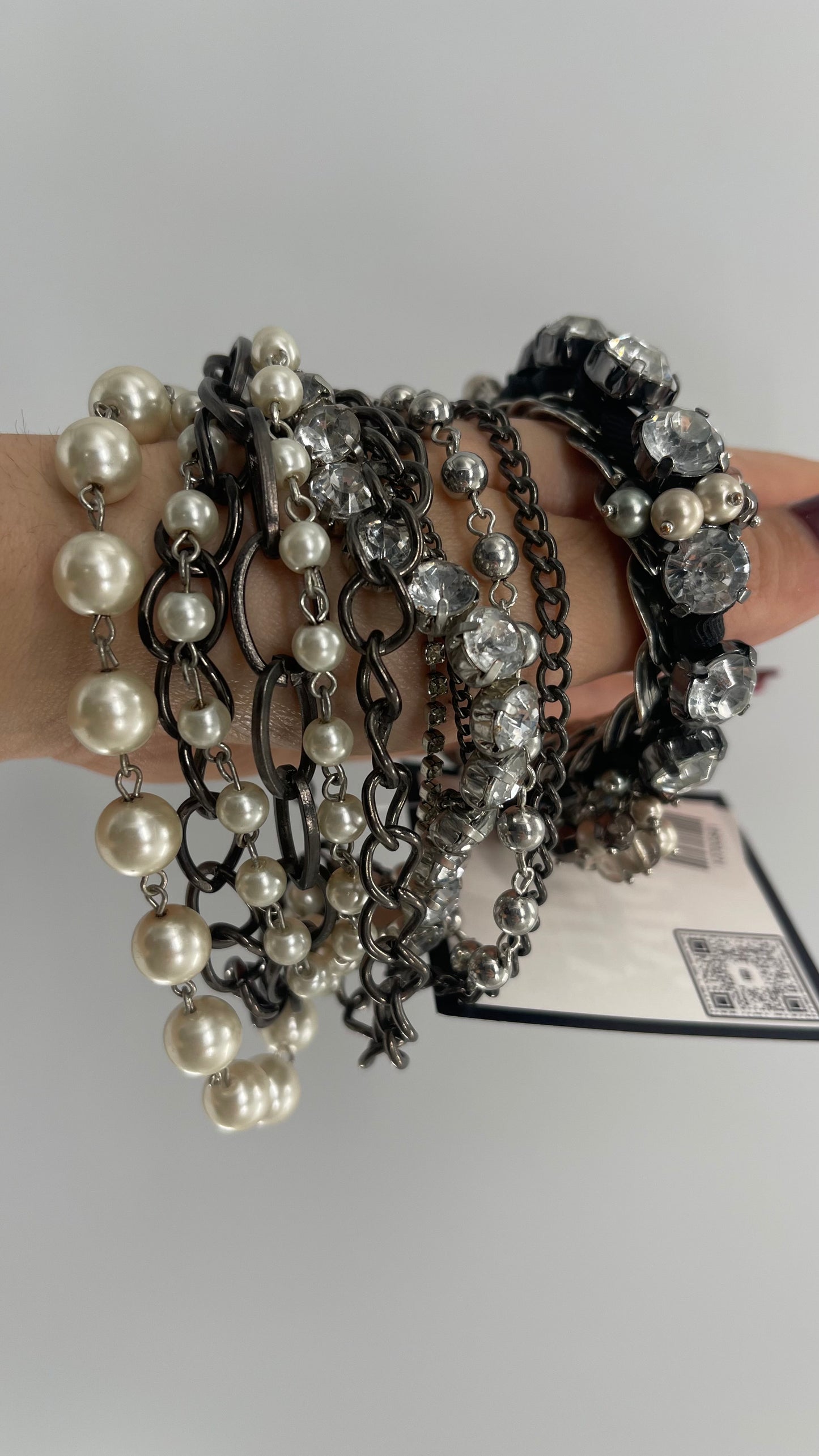 Vintage Heavy Layered Pearl Gunmetal Chain and Oversized Rhinestone 2pc Bracelet Set