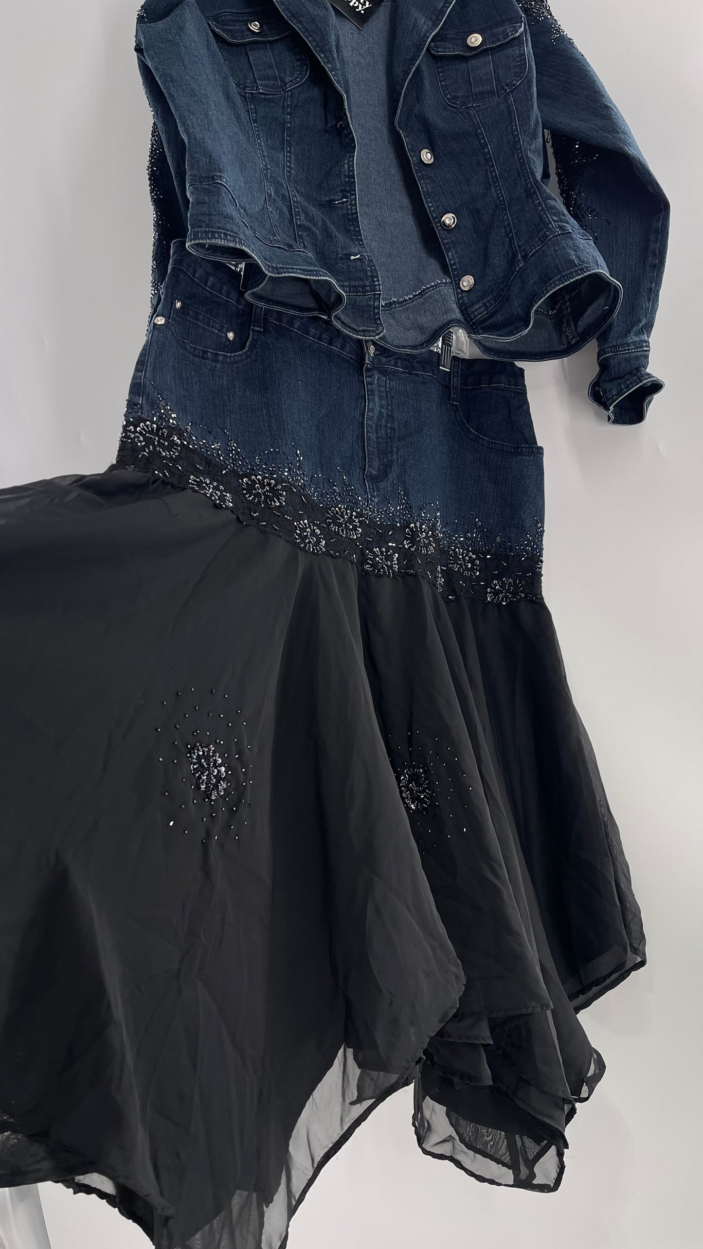 Vintage Ashley Stewart Denim Skirt and Button Up Set with Black Embroidered and Beaded Lace Details + Handkerchief Skirt (16W)