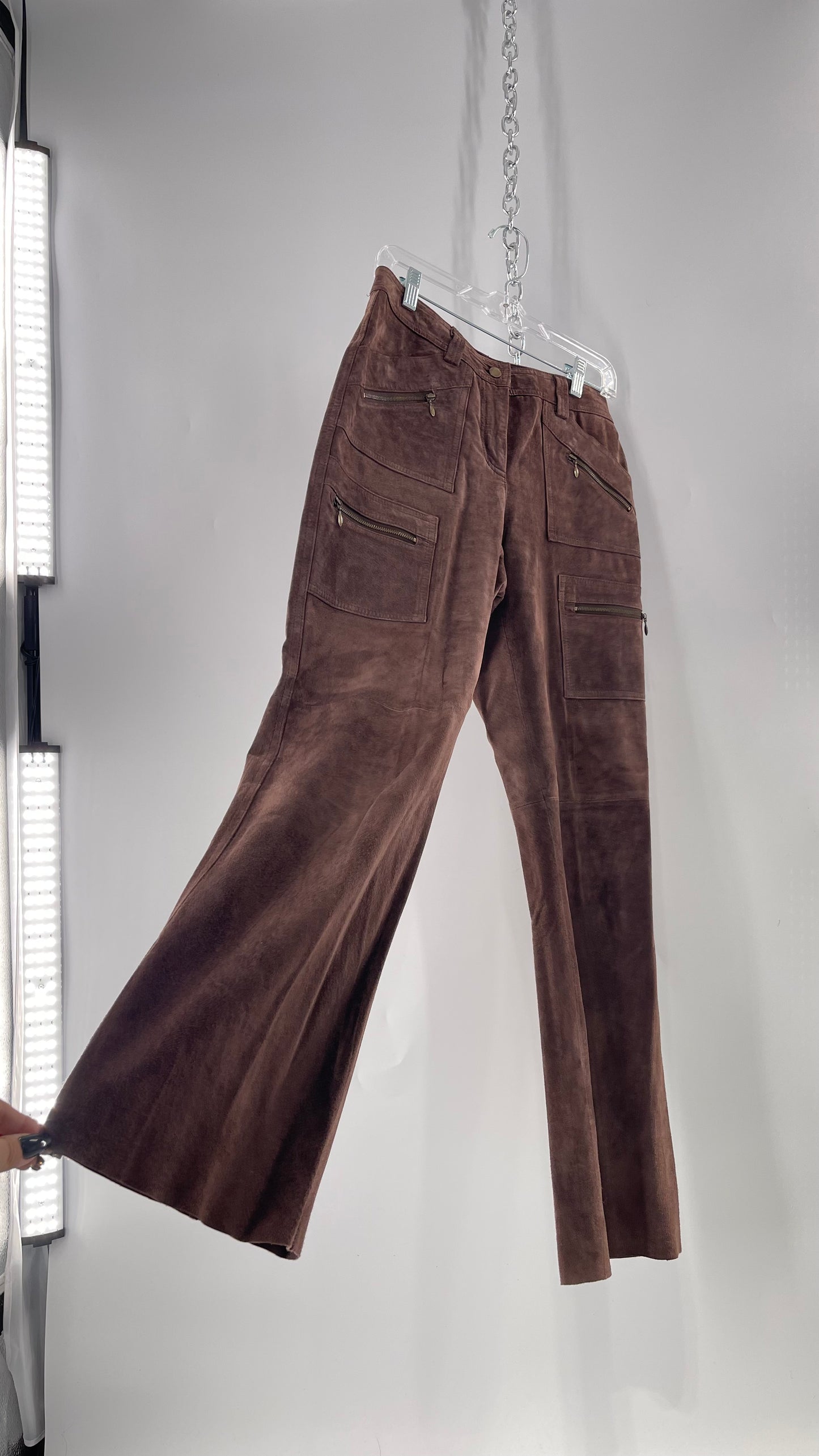 Vintage Context Petit Brown Suede Straight Leg Cargos with Pockets and Bronze Zippers (8P)