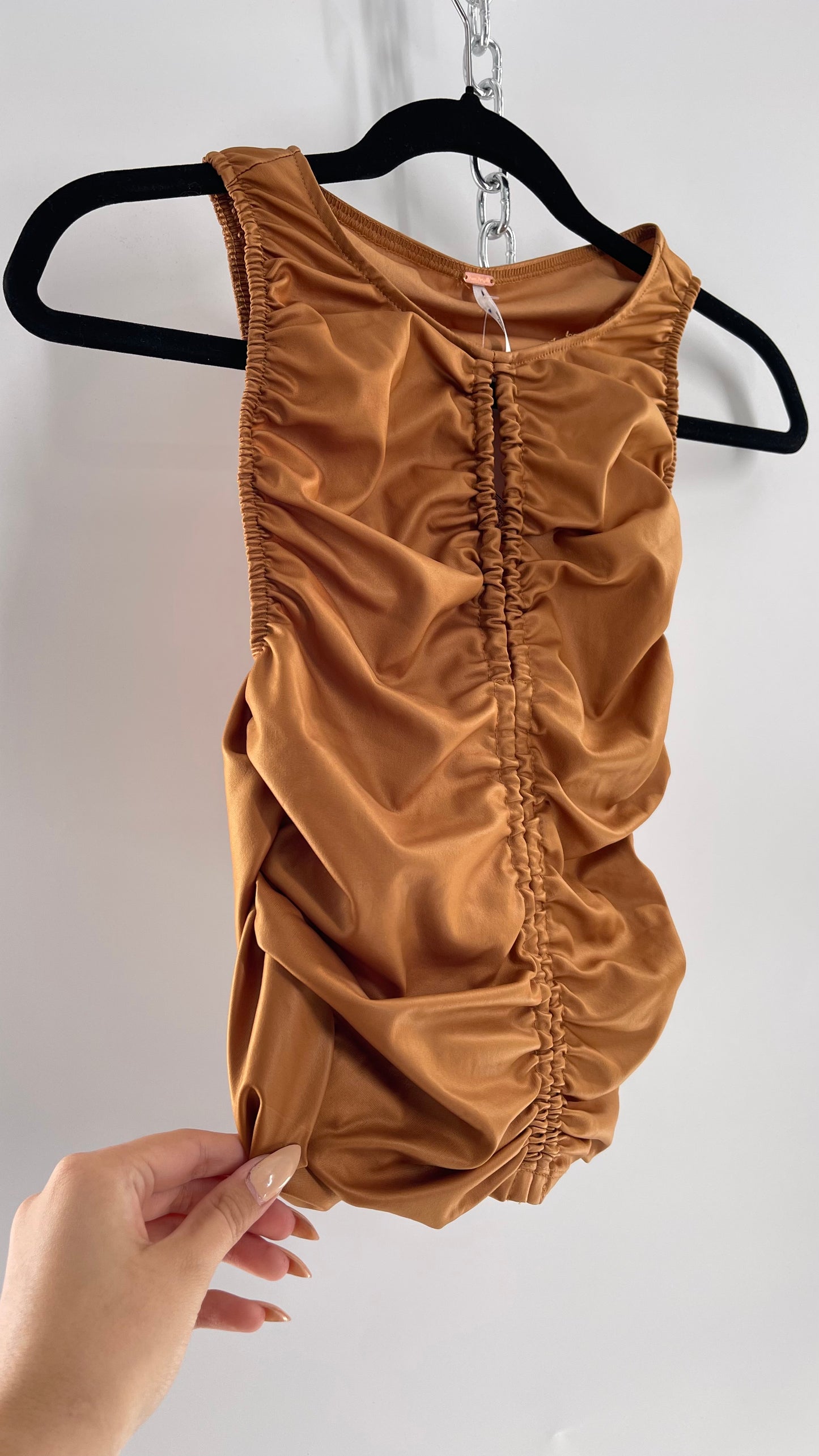 Free People Faux Leather Cognac Ruched High Neck Tank with Bust Cut Out (S)