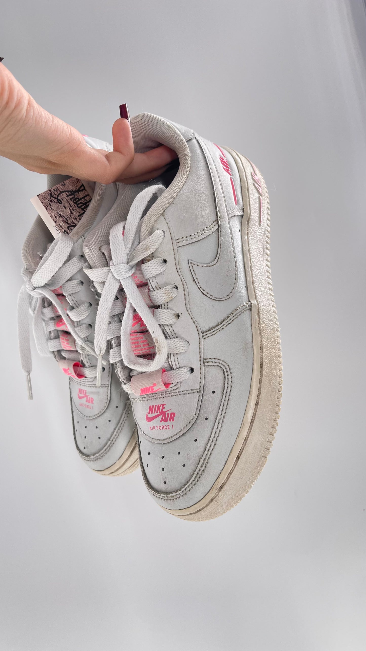 Custom Nikes Worn White with Tags on Laces and Neon Pink Details (4Y)