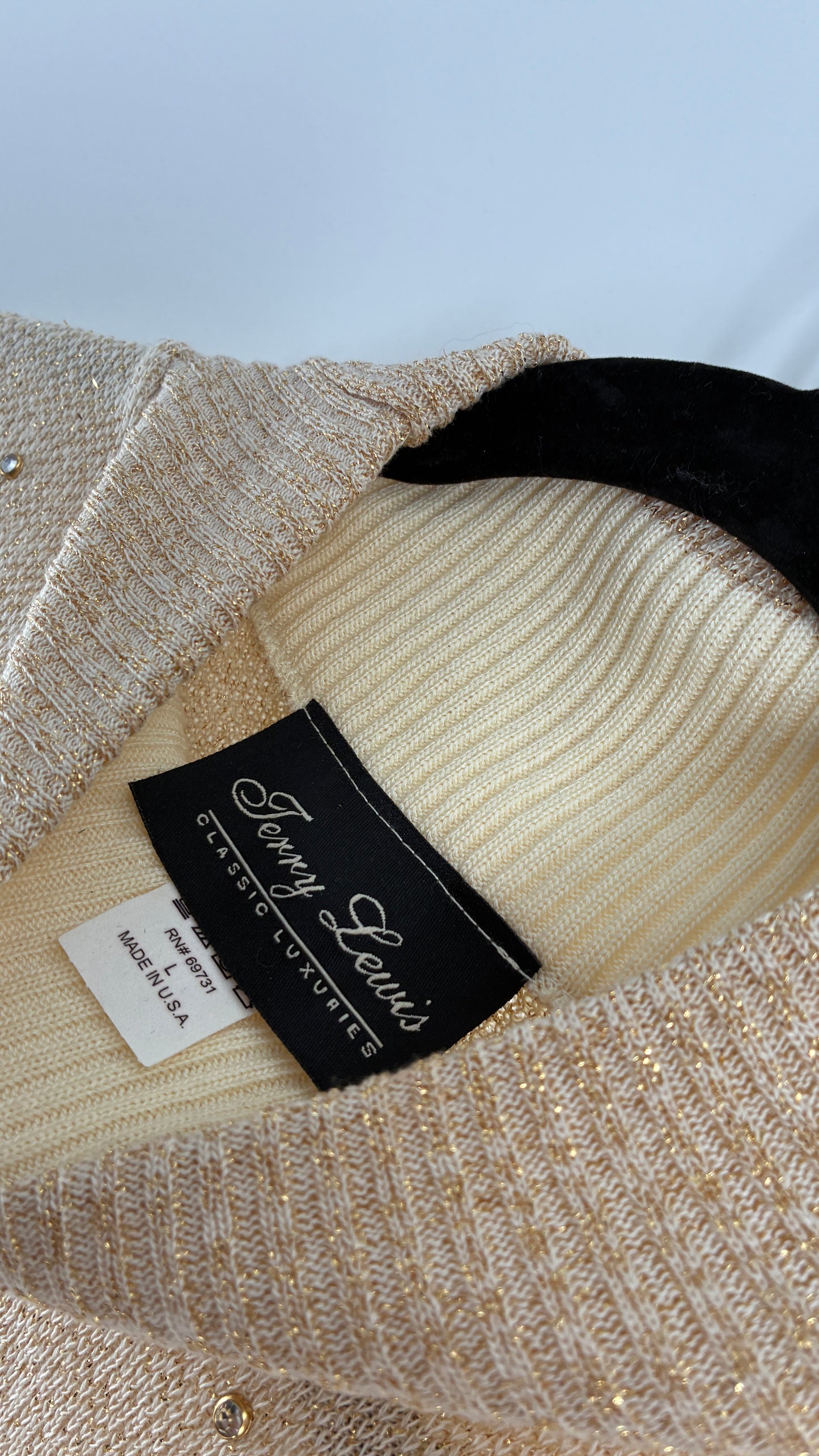 Terry Lewis Classic Luxeries Beige Knit Sweater and Skirt with Gold Tinsel Thread and Rhinestone Collar (Large)