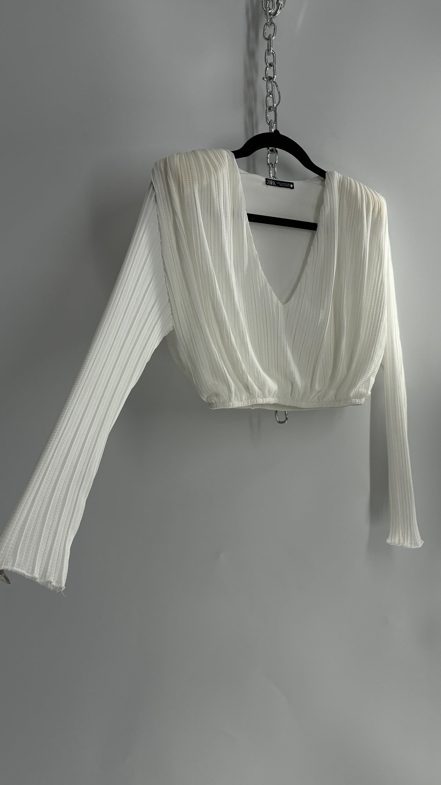 ZARA White Pleated and Draped Long Sleeve Blouse with Shoulder Pads (S)