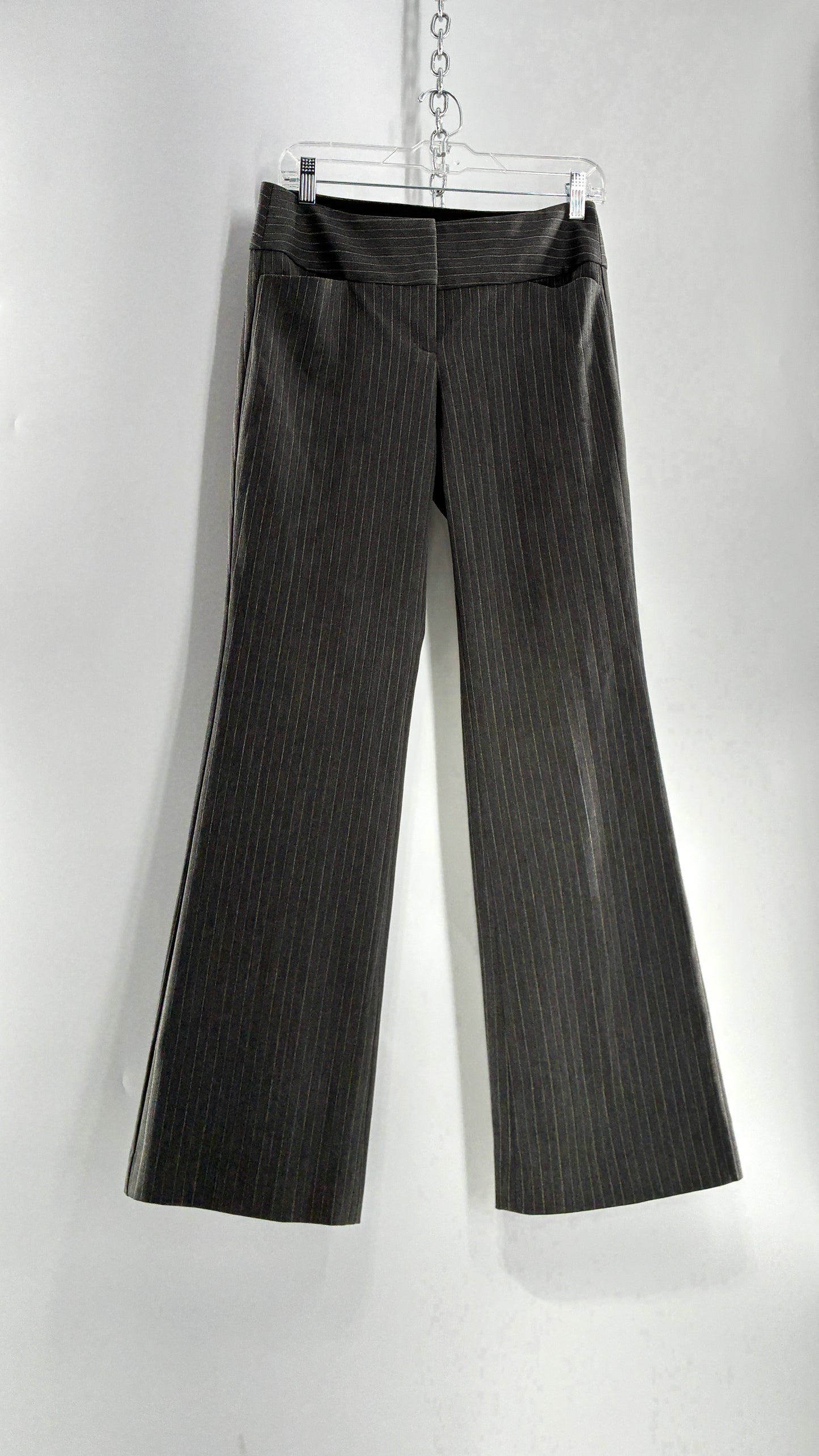 Vintage 1990s EXPRESS Editor Dark Grey Pinstripe Ultra Low Rise Thick Hip Band Kick Flares (2)