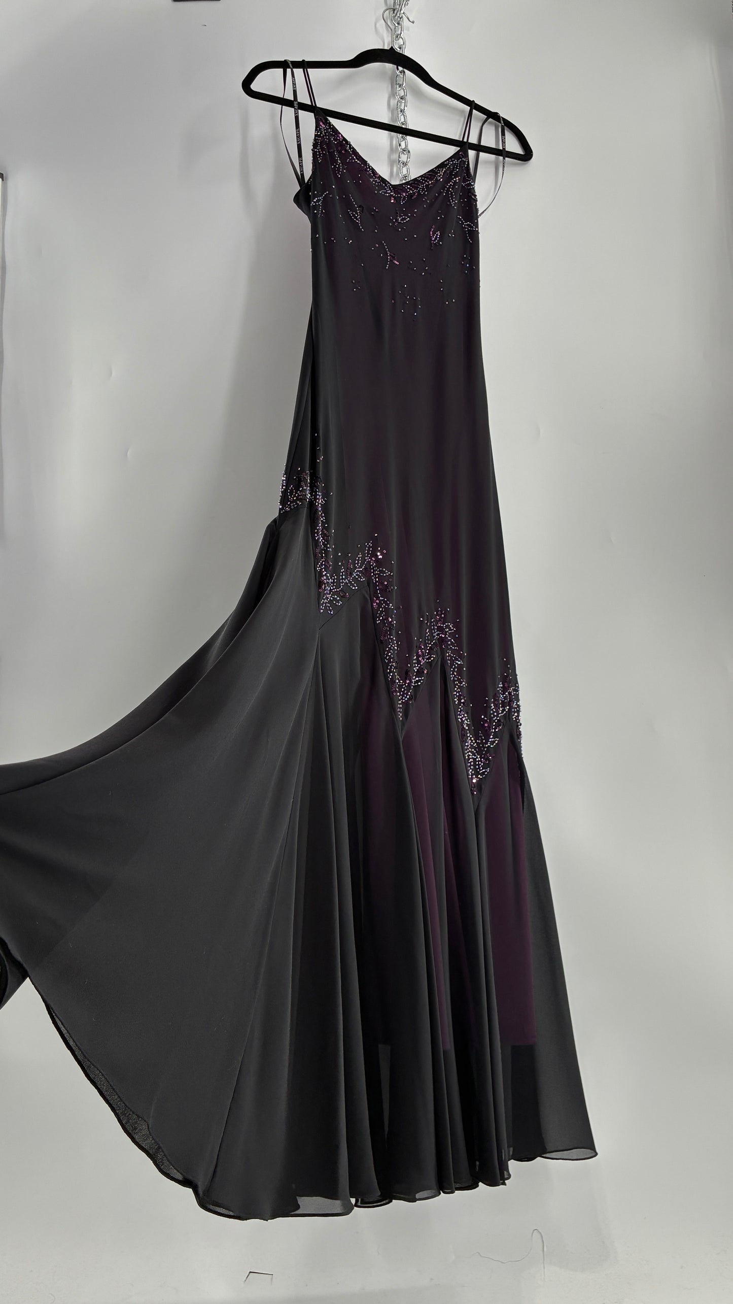 Vintage XSCAPE Full Length Black Beaded Gown with Purple Underlay (4)