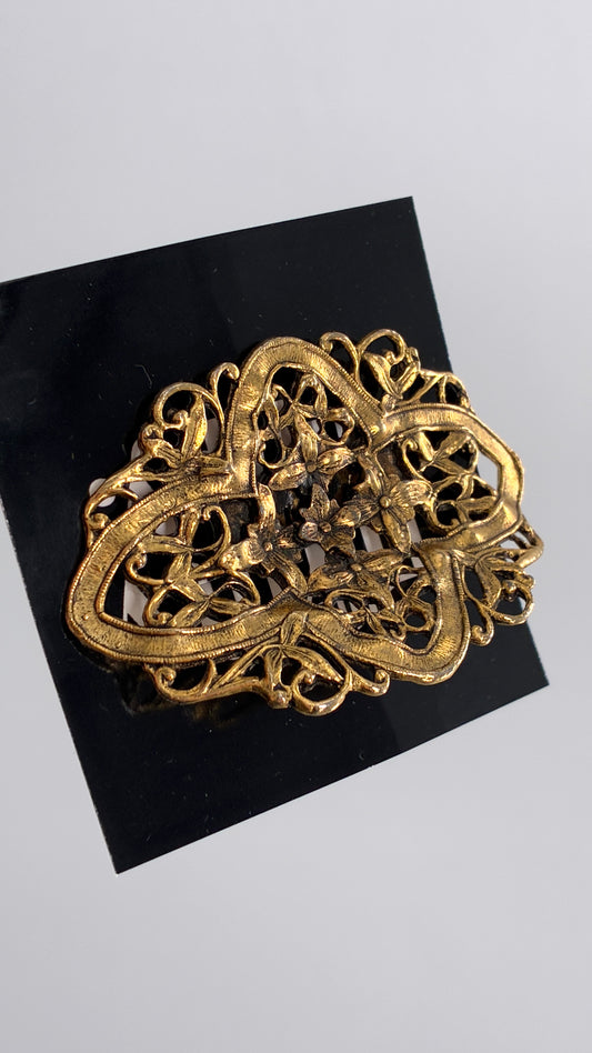 Vintage MUSI Ornate Gold French Buckle Clip with Engraved Flowers and Leaves