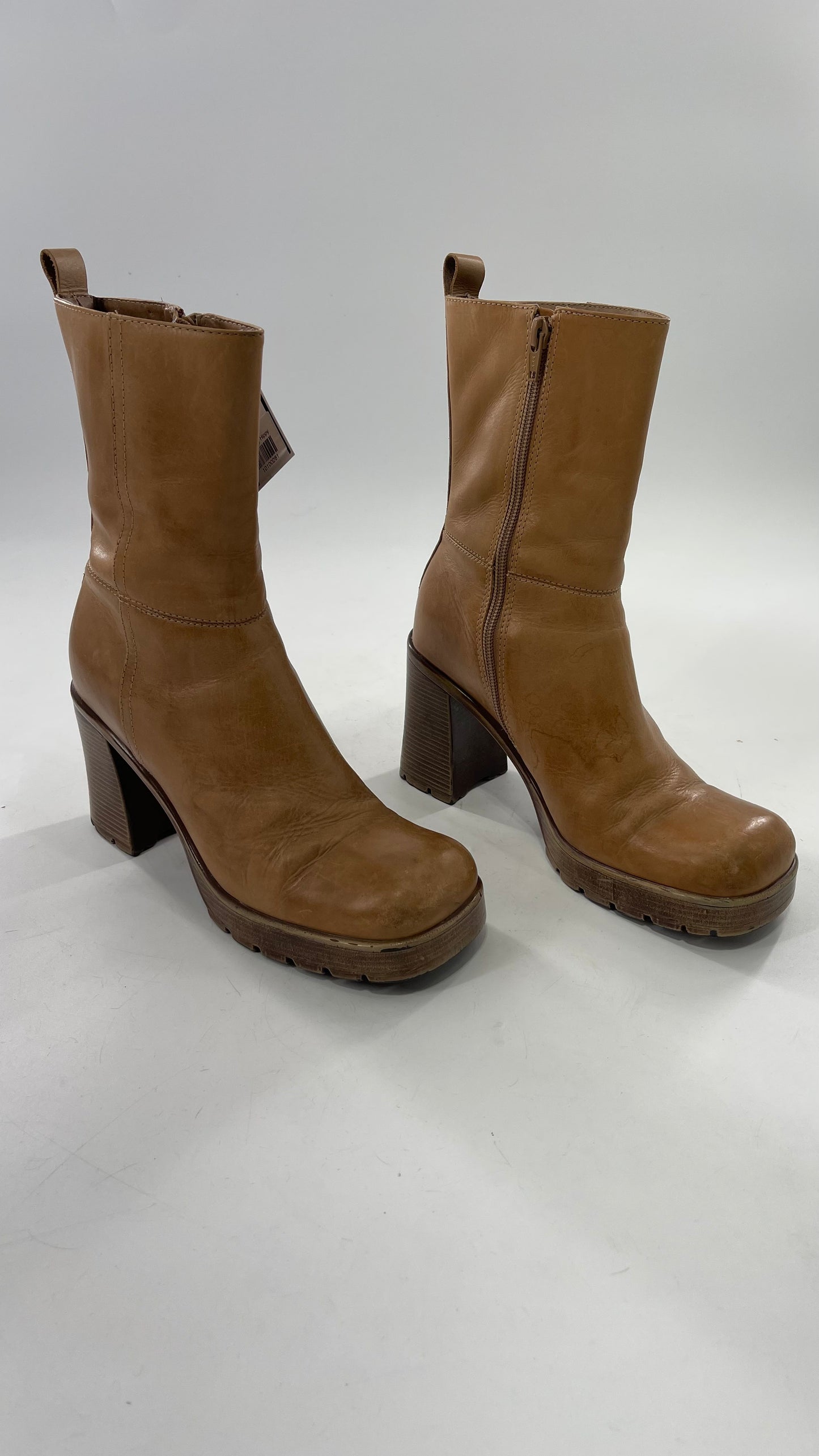 Vintage 90s Steve Madden Tan Leather Funky Square Toe Boot with Platform and Chunky Heel