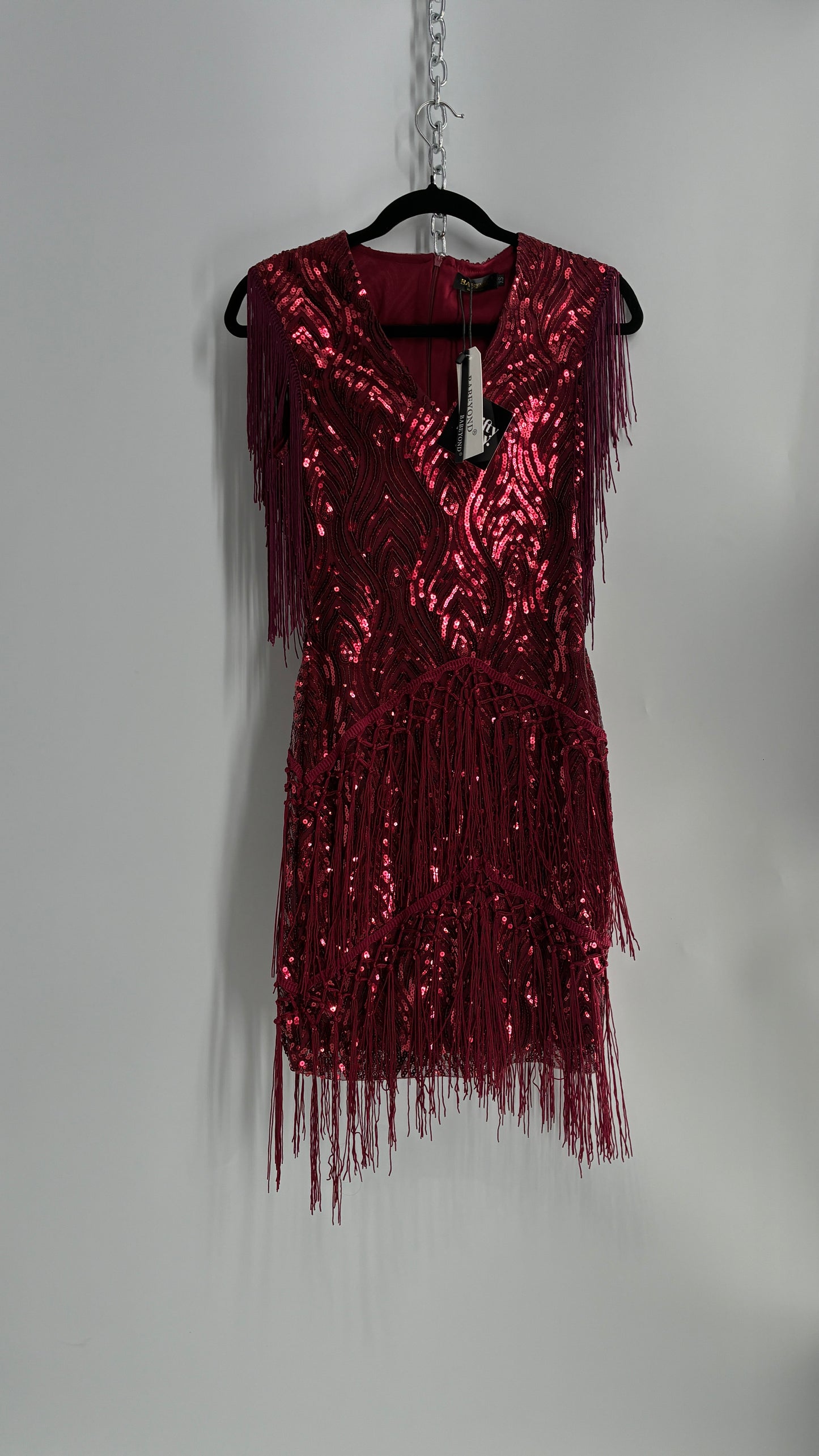 BABEYONO Maroon Sequin Fringe Bodycon Mini Dress (XS)