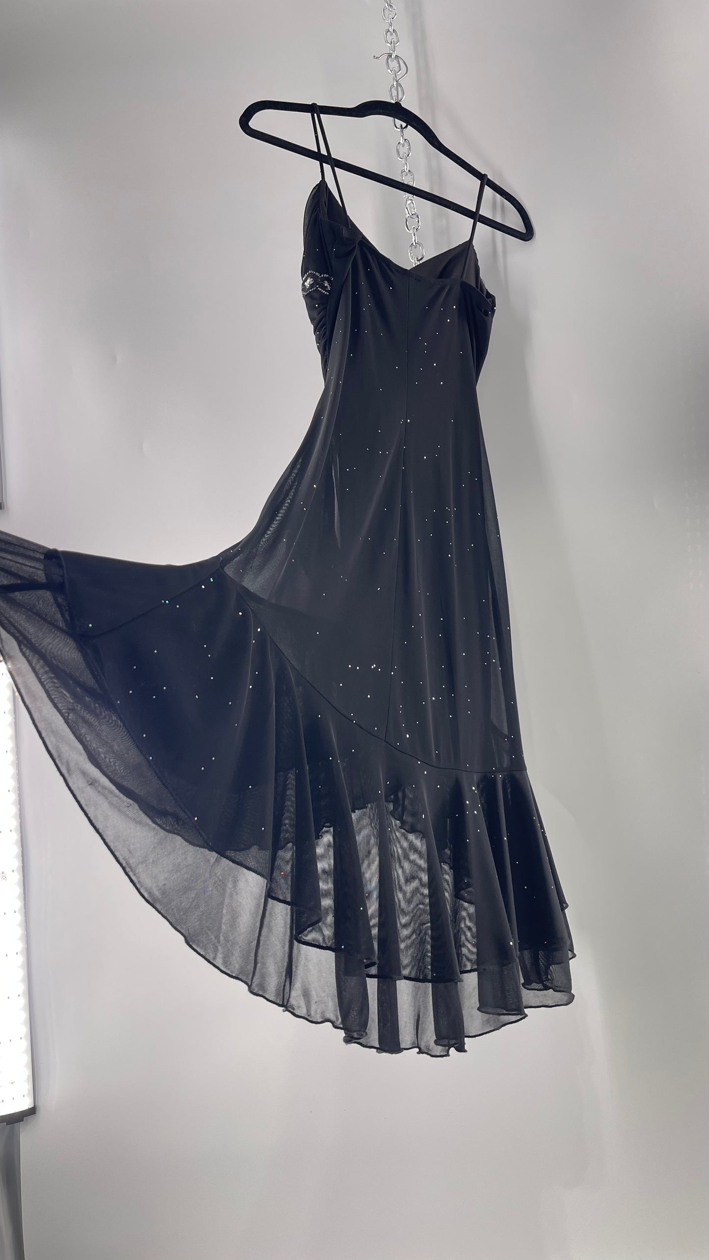 Vintage Taboo Midi Dress with Iridescent Sequins with Lace Underbust Detail, High Low Silhouette and Frills (Medium)
