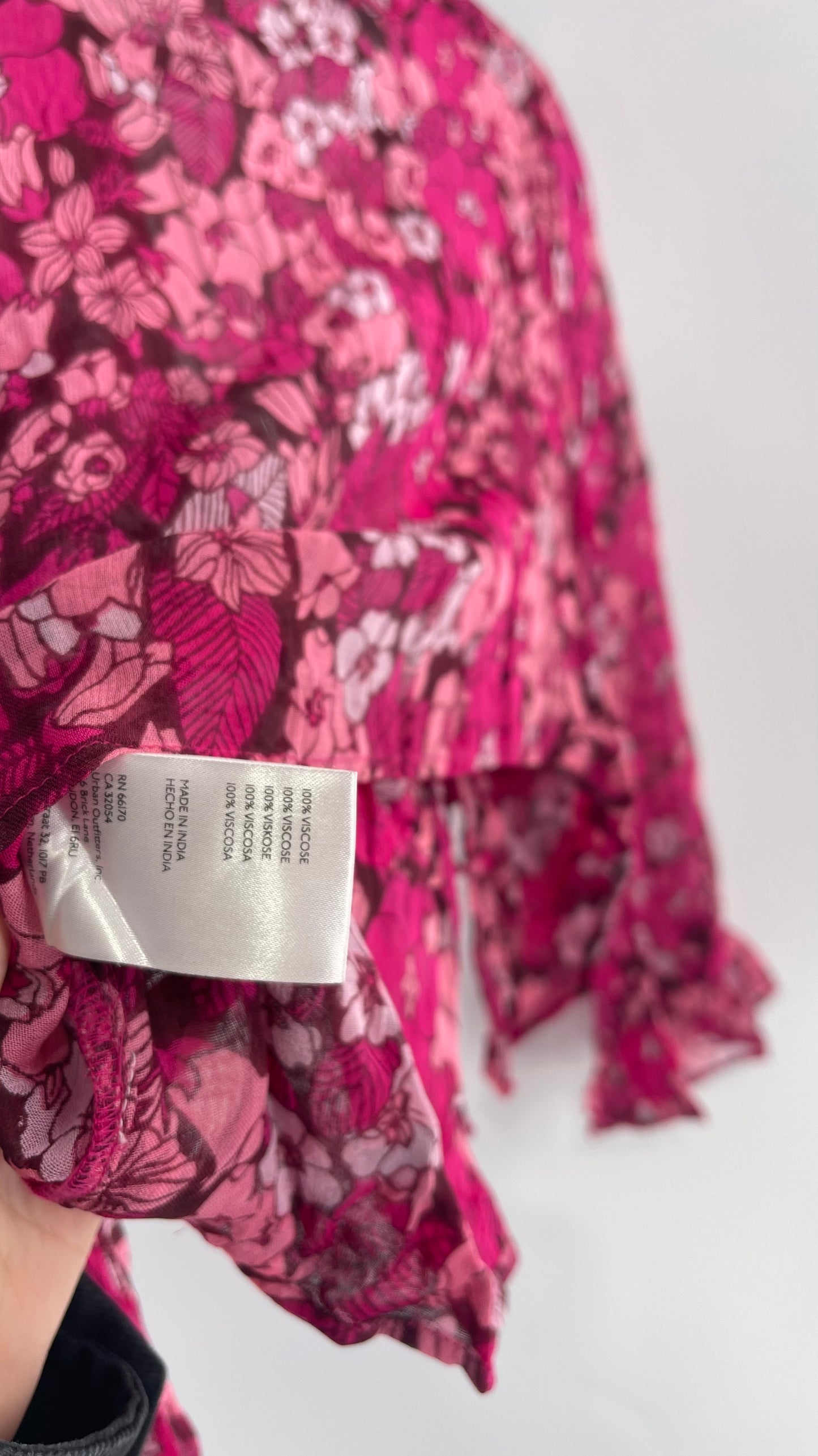 Urban Outfitters Fuchsia 100% Viscose Floral Tie Front, Ruffled Blouse