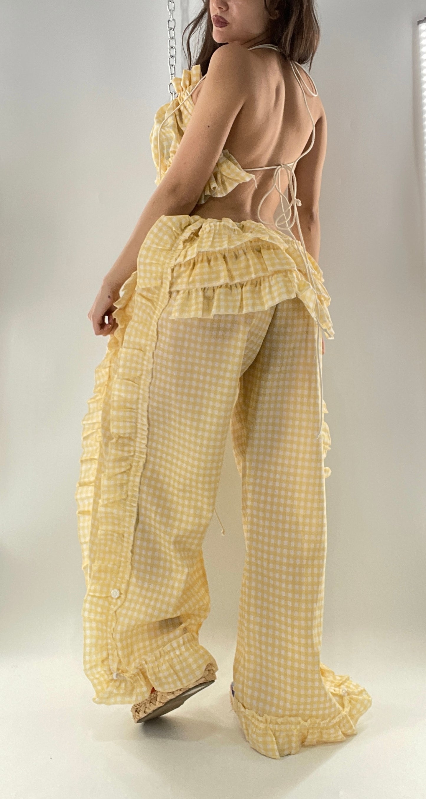 Vintage 2 Piece Yellow Checkered/Gingham Patterned Picnic Set with Ruched Bust Top and Ruffle Side Wide Legs with Adjustable Length, Strap Up Buttons on Hem (One Size)