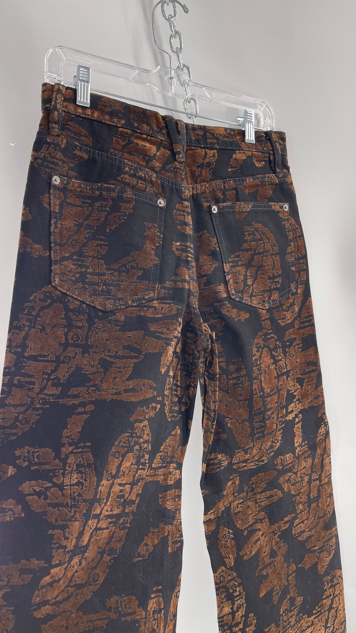 Free People Black/Brown Velvet Texture Graphic Straight Legs with Raw Edge Hem and Tags Attached (28)