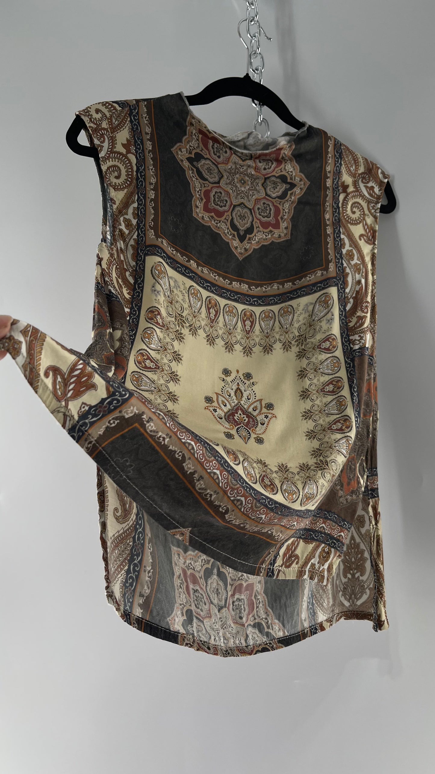 Free People CHASER Neutral Paisley Patterned Sleeveless High Neck Blouse (Small)