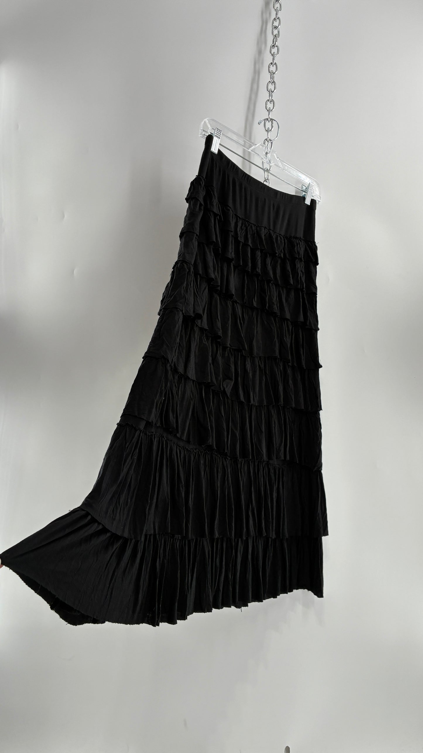 Vintage Black Ruffled 100% Viscose Ruffled Maxi Skirt (PSmall)