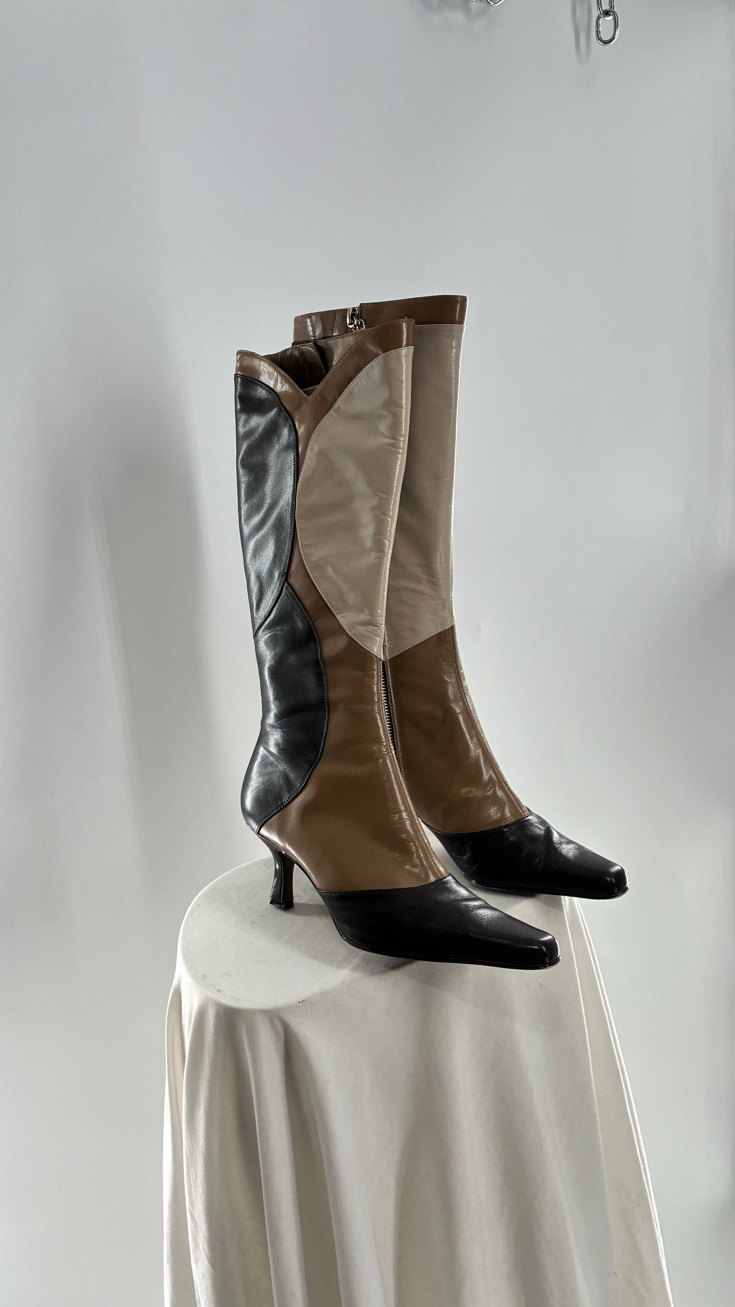 Vintage ANN MARINO Knee High Pointed Toe Abstract Patchwork Boots (6.5)