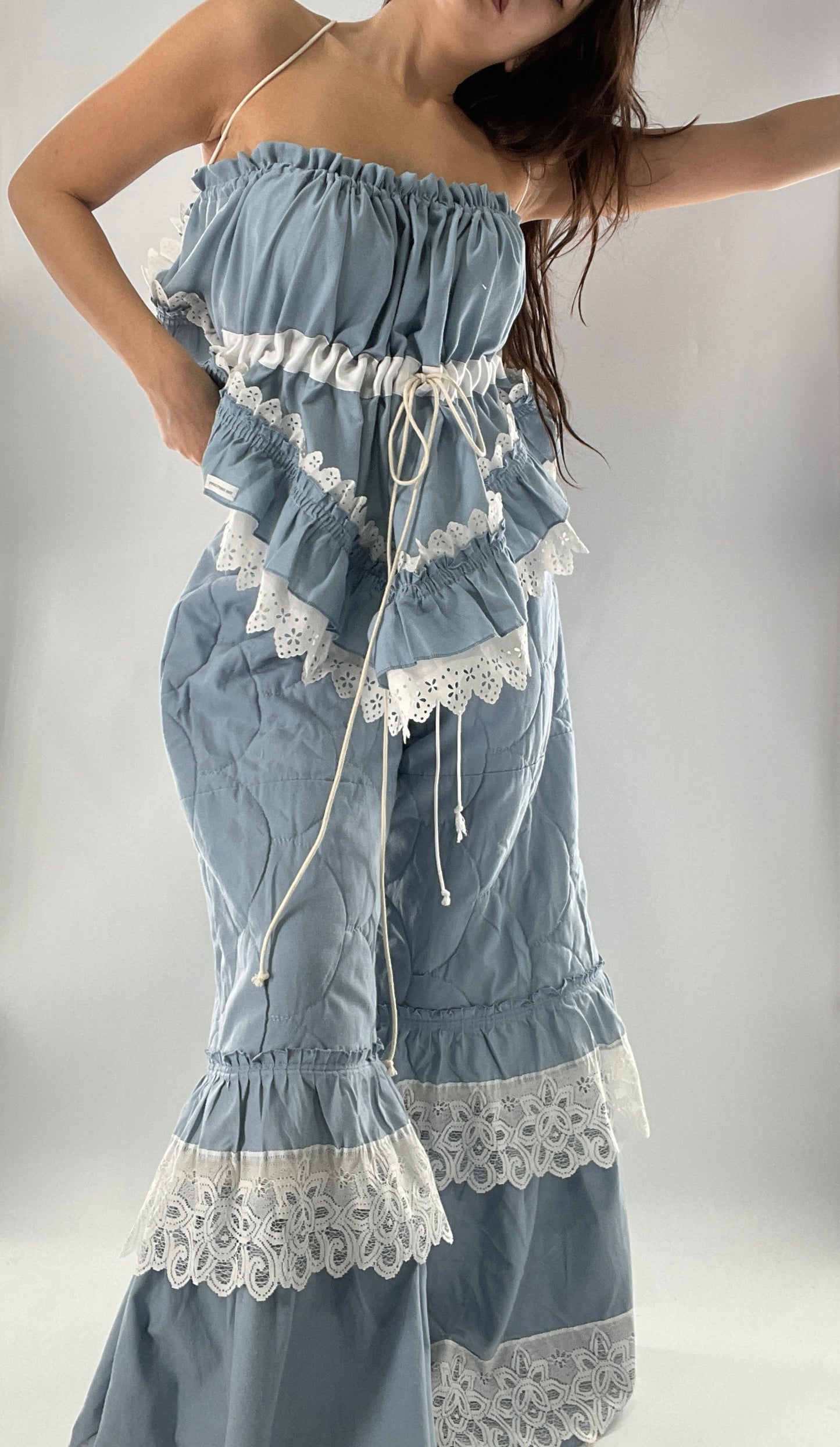 Vintage 2 Piece Powder Blue Set Featuring 2Way Blouse and Quilted Trousers Covered in Ruffles, Lace and Trim (One Size)