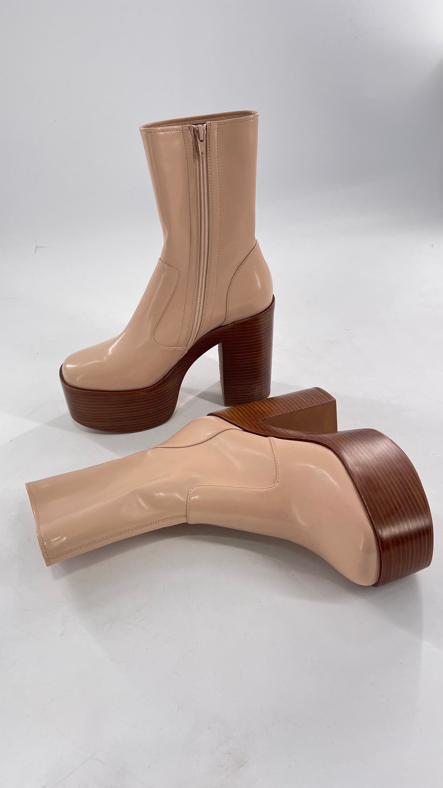 Free People X Jeffrey Campbell Mexique GoGo Boots • Beige Patent Boot with Wood Grain Chunky Block Heel and Platform (9)