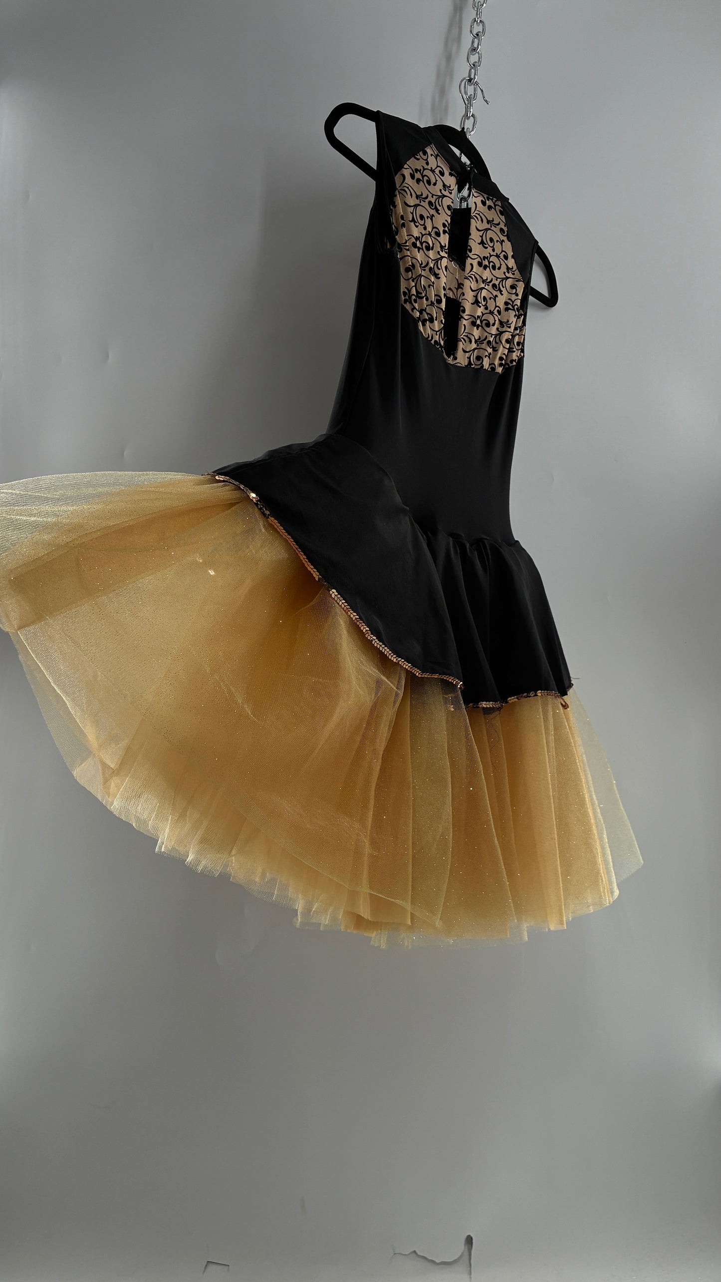 Costume Dancewear Mini Dress with Full Tulle Skirt, and Lace Appliqués (Medium Adult)
