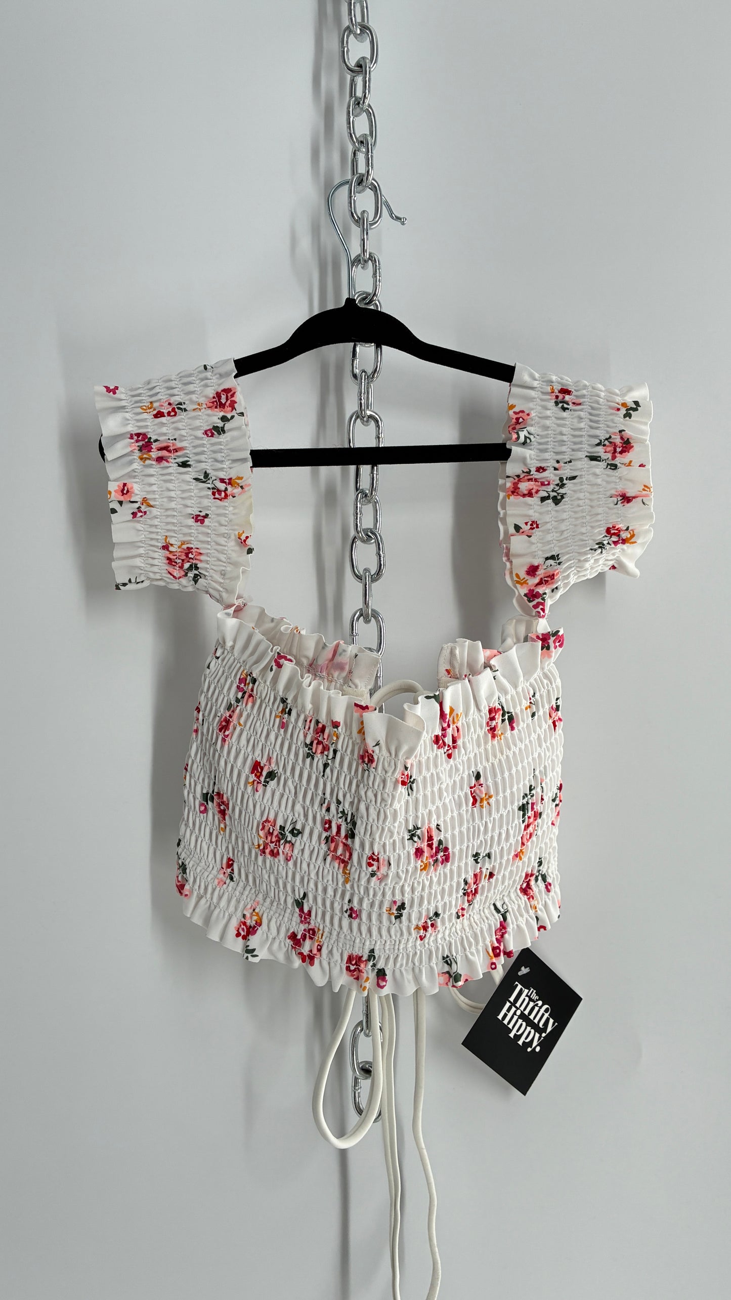 White Floral Smocked Off the Shoulder Underwire Swim Top with Tags Attached (Medium)
