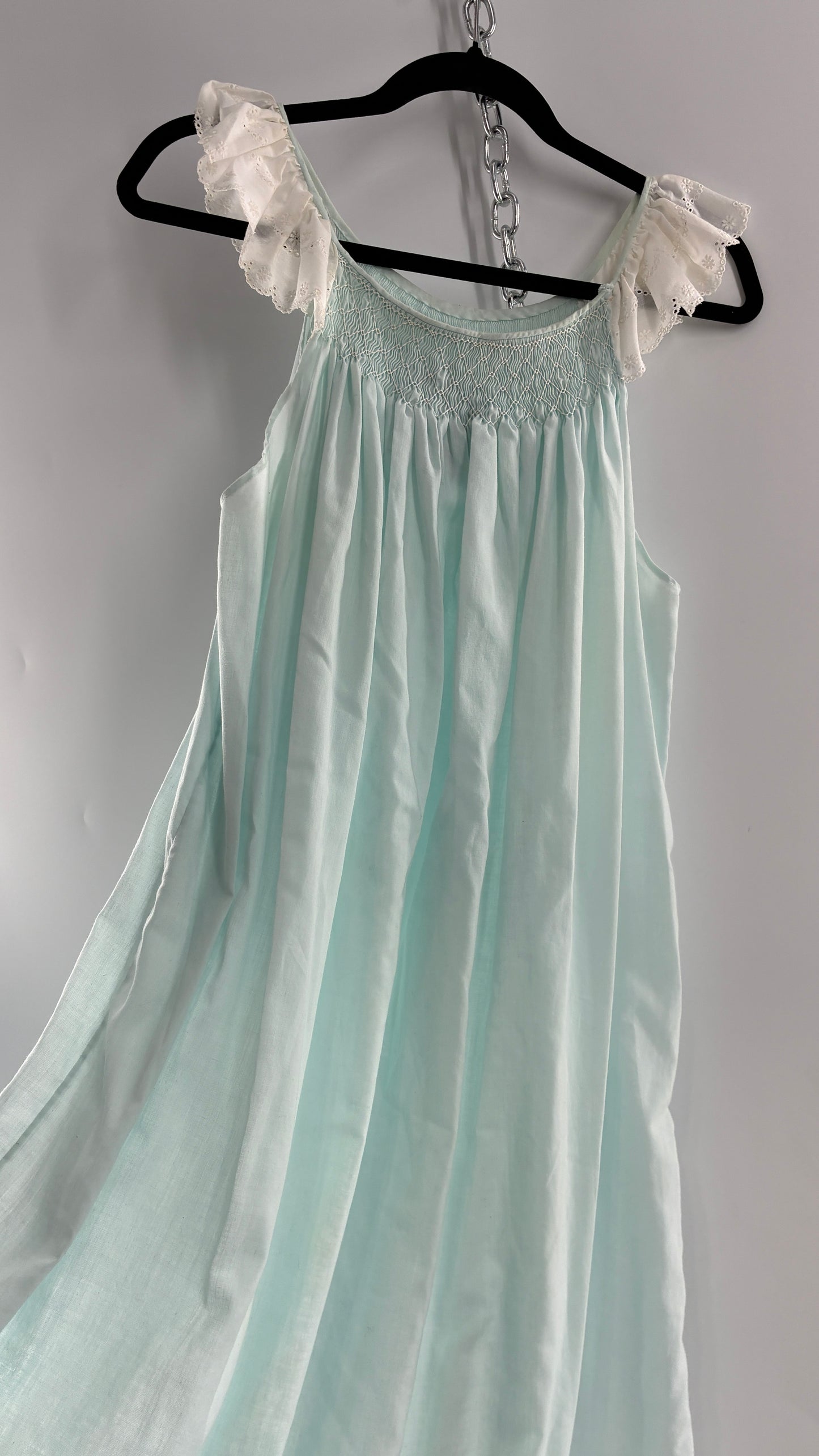 Vintage Baby Blue Nightgown Maxi with White Scalloped Lace Straps and Hem (Medium)